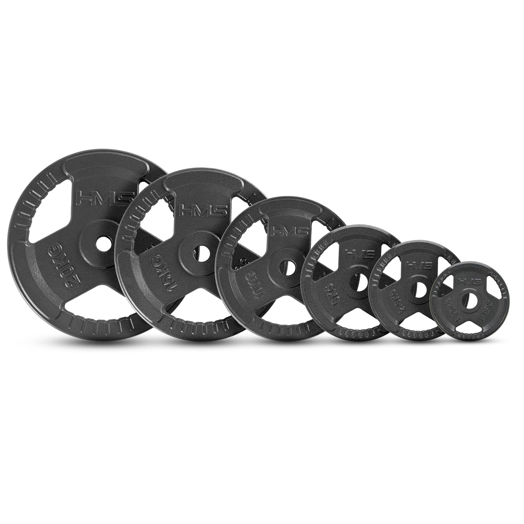 HMS Hantelscheibe Gewichtsscheibe Griffscheibe Krafttraining, 15.0 kg, (Spar-Set, 1-tlg., 355 x 38 mm griffig), Gusseisen, 3 Grifföffnungen, 31-mm-Bohrung