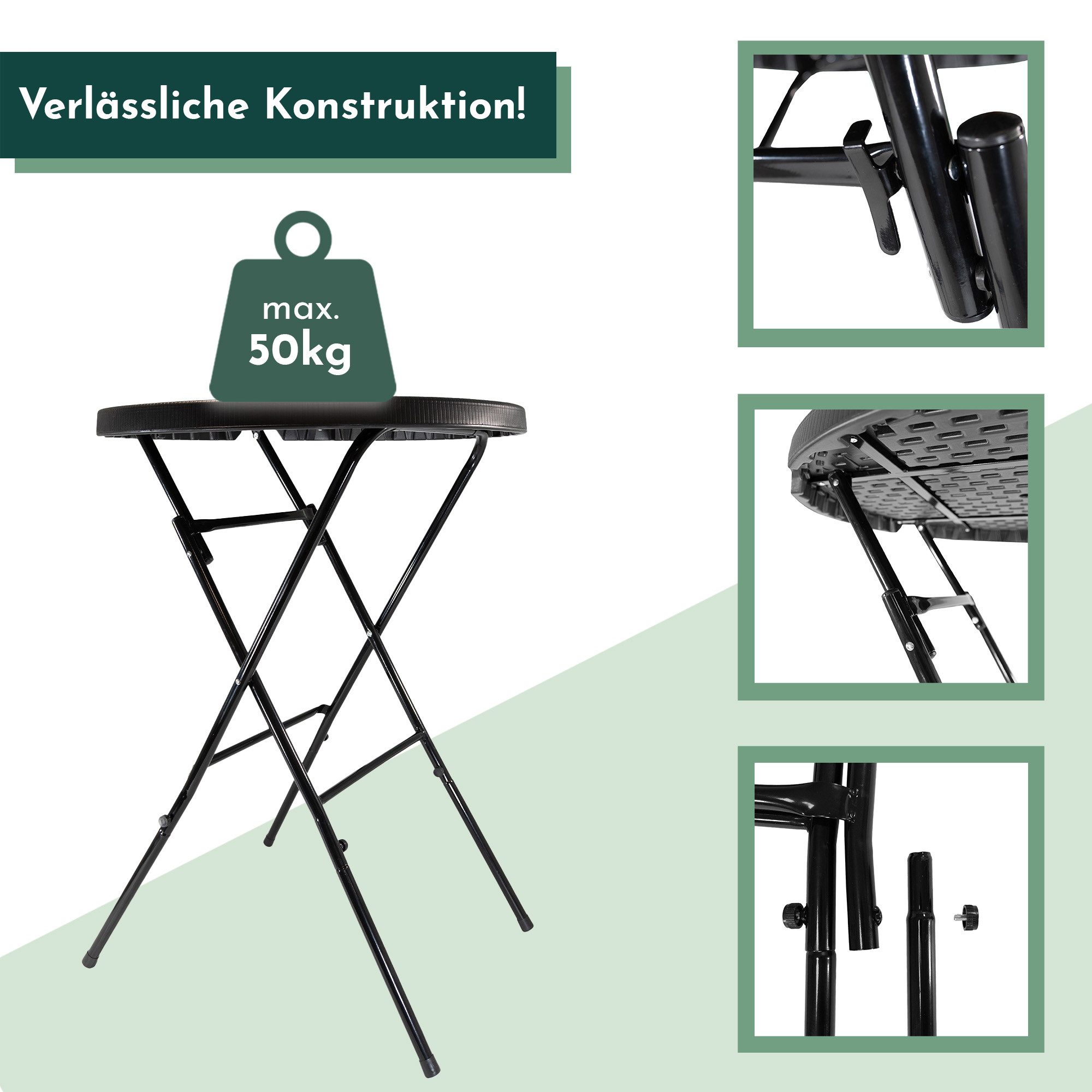 Lemodo Stehtisch klappbar 80 cm schwarz in Rattan-Optik, Höhe 110 cm (1 Tisch), Arbeitshöhe: 110 cm, Durchmesser Tischplatte: 80 cm
