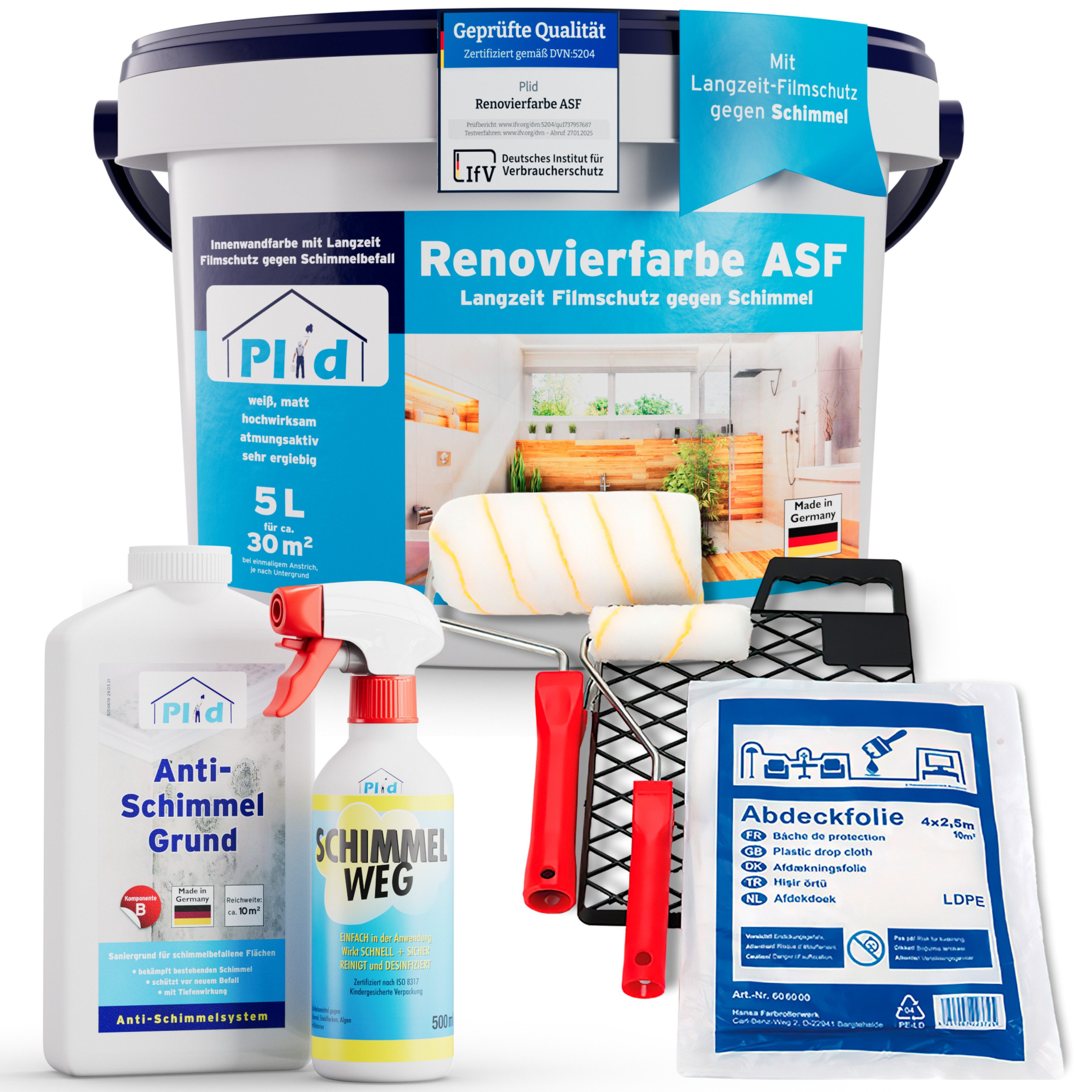 plid Wand- und Deckenfarbe Premium Anti-Schimmel-Set Schimmelschutz Schimmelbekämpfung, Schnelltrocknend, spritzarm, verarbeitungsfertig