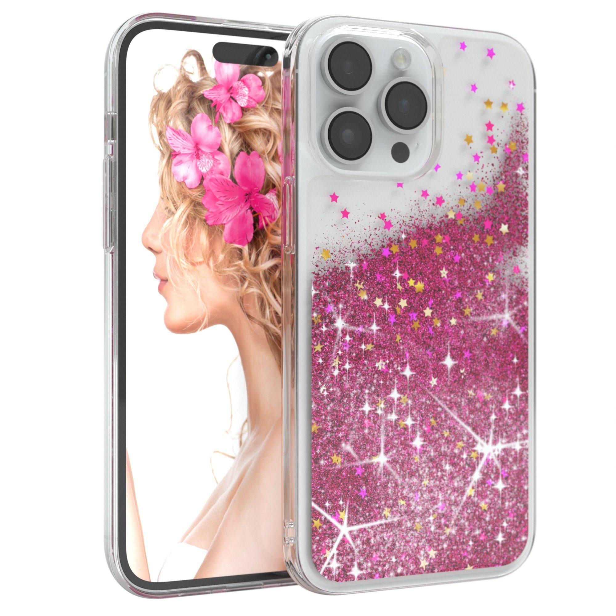 EAZY CASE Handyhülle Liquid Glittery Case für Apple iPhone 14 Pro Max 6,7 Zoll, Glitzerhülle Shiny Slimcover stoßfest Durchsichtig Bumper Case Pink