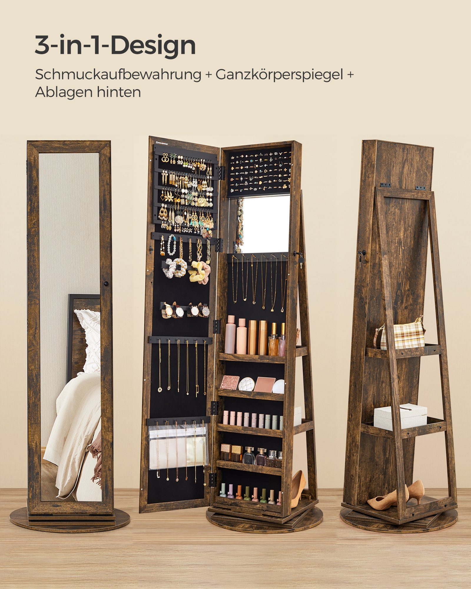 SONGMICS Schmuckschrank Spiegelschrank, mit Ganzkörperspiegel, um 360° drehbar, Geschenkidee Schmuckaufbewahrung, abschließbar, mit Schlüsseln, 54 x 54 x 161 cm