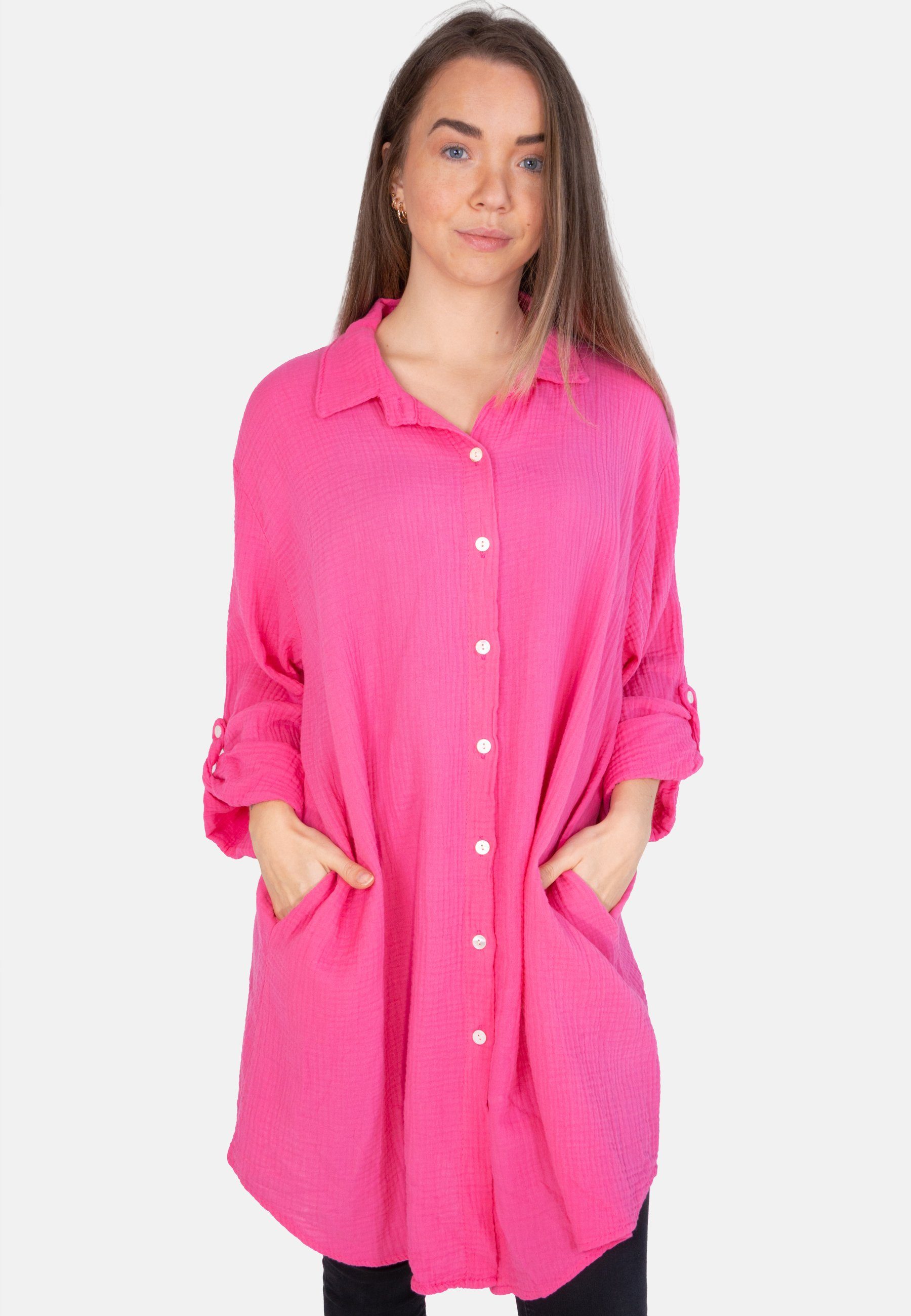 Seasons mit April Oversized Pink Taschen (1-tlg) Musselinbluse Jessy 100% Hemdbluse of Knopfverschluss Hemdbluse Musselin Baumwolle &