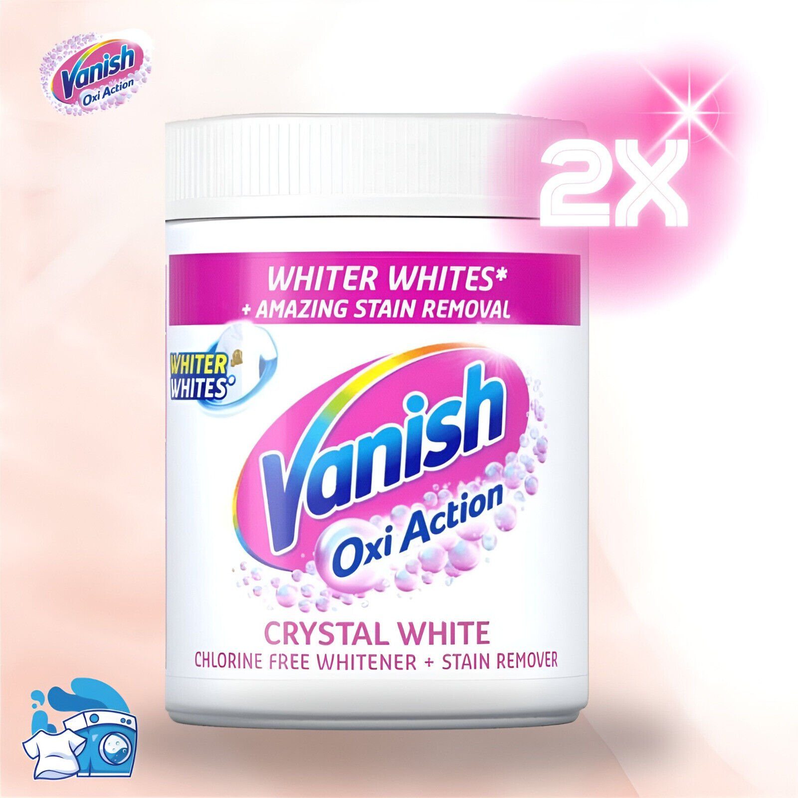 VANISH Oxi Action Crystal Weiss Waschmittel 2x 940gr Fleckenentferner Vollwaschmittel (Spar-Set, [2-St. Waschmittel Pulver entfernt Flecken Fleckenentferner für weiße Wäsche Reinigung Waschpulver Vollwaschmittel)