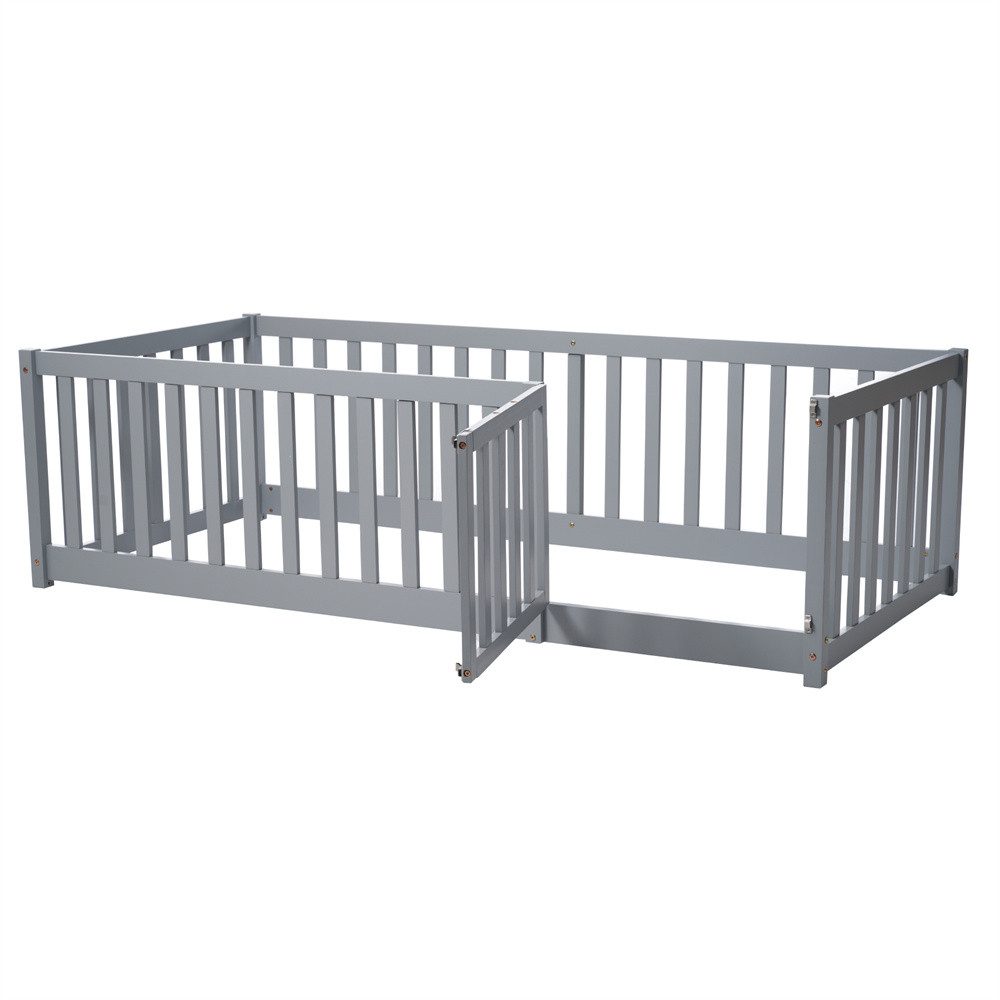 XDeer Babybett Kinderbett 90 x 200, Holzboden Bettrahmen mit Zaun und Tür, Grau