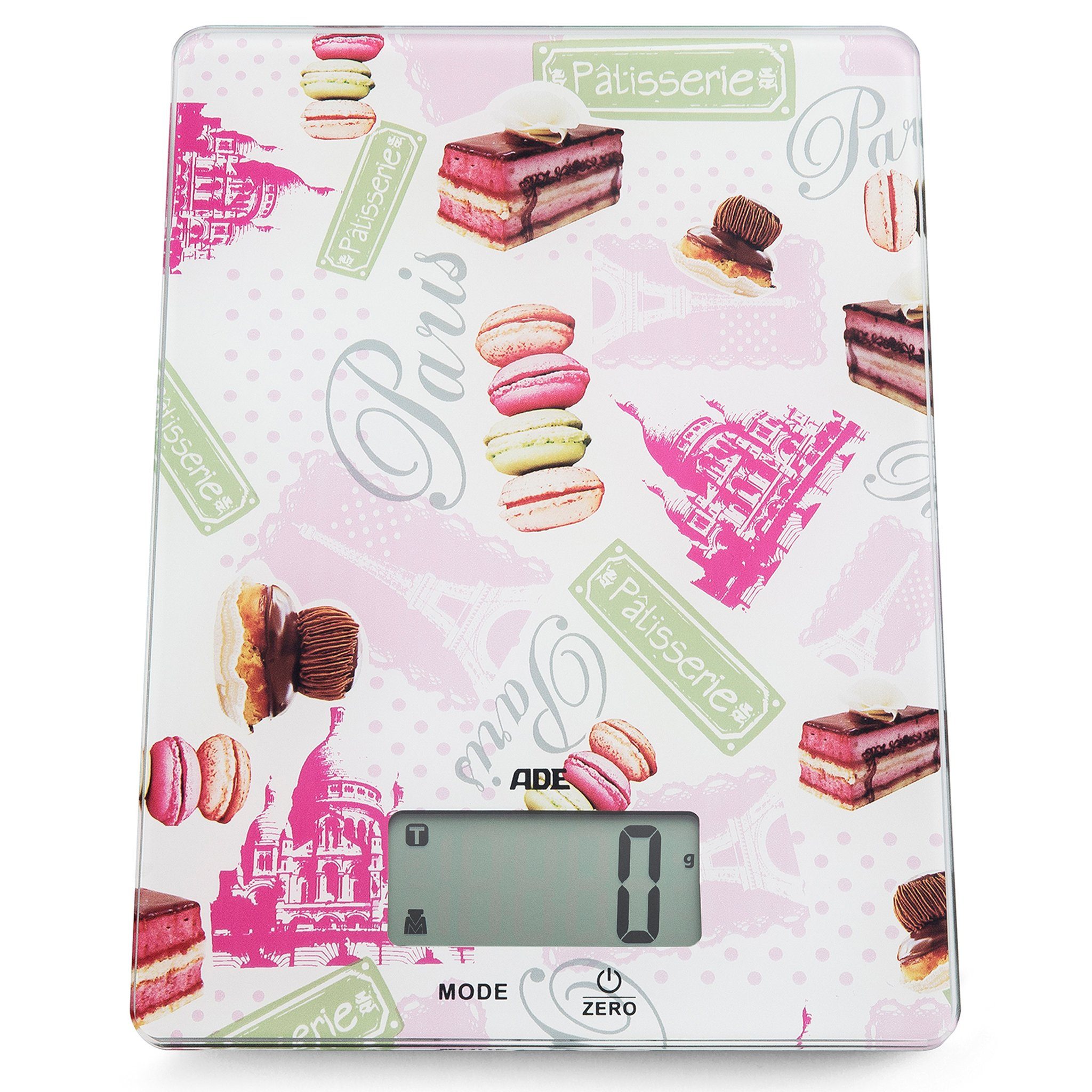 ADE Küchenwaage KE1501 mit Paris-/Macarons-Print, LCD-Display, präzises Wiegen bis 5kg, mit Zuwiegefunktion