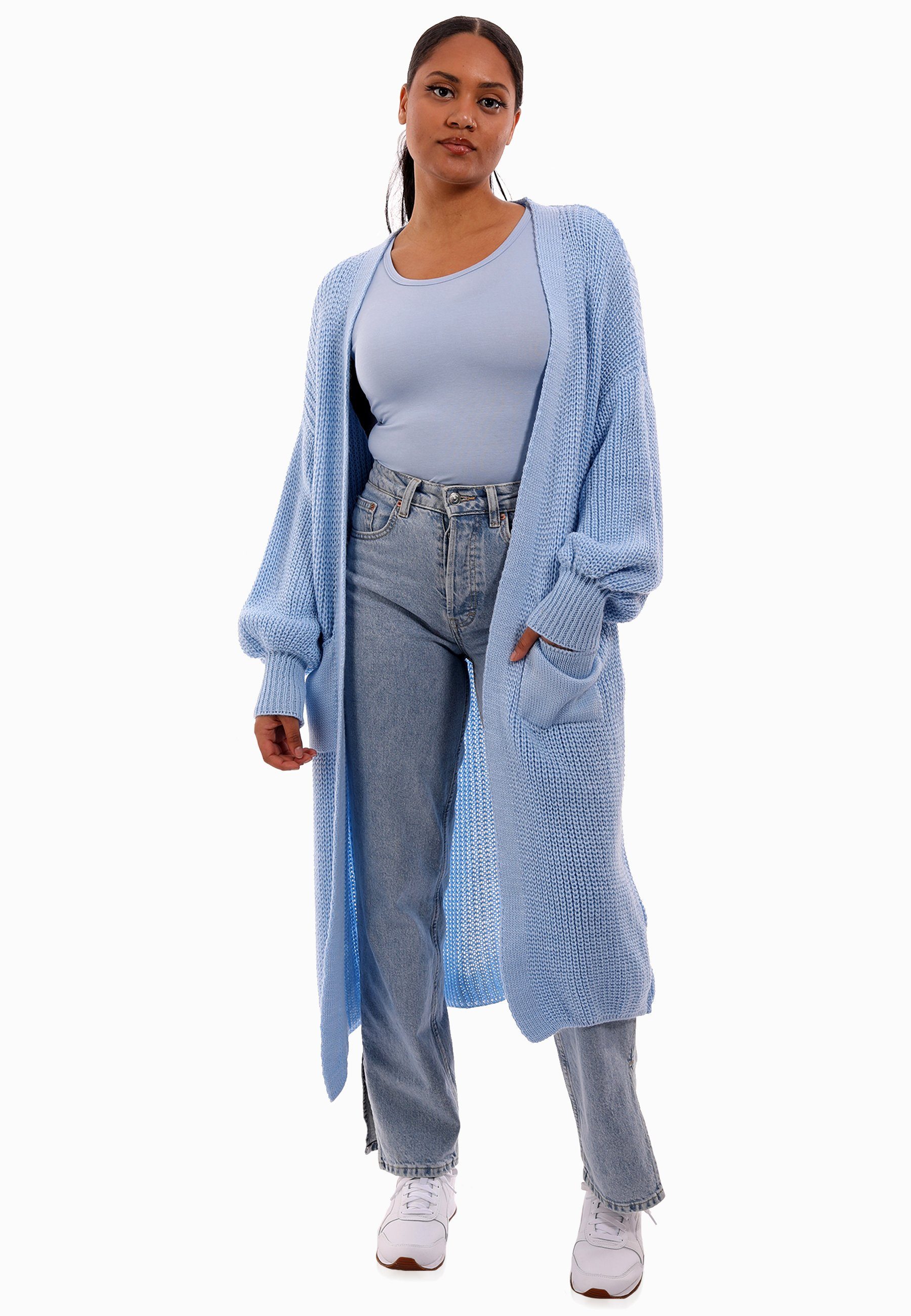 Fashion Cardigan & aufgesetzten Basic Taschen Cardigan mit in Unifarbe, Strickjacke Verschlusslos Style blau YC