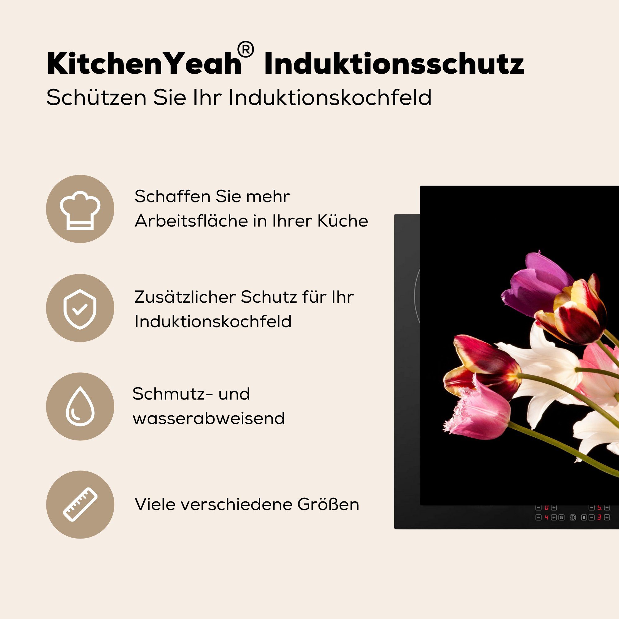 MuchoWow Herdblende-/Abdeckplatte Stillleben - Tulpen Farben, tlg), die - für Ceranfeldabdeckung (1 81x52 cm, Vinyl, Schutz küche, Induktionskochfeld