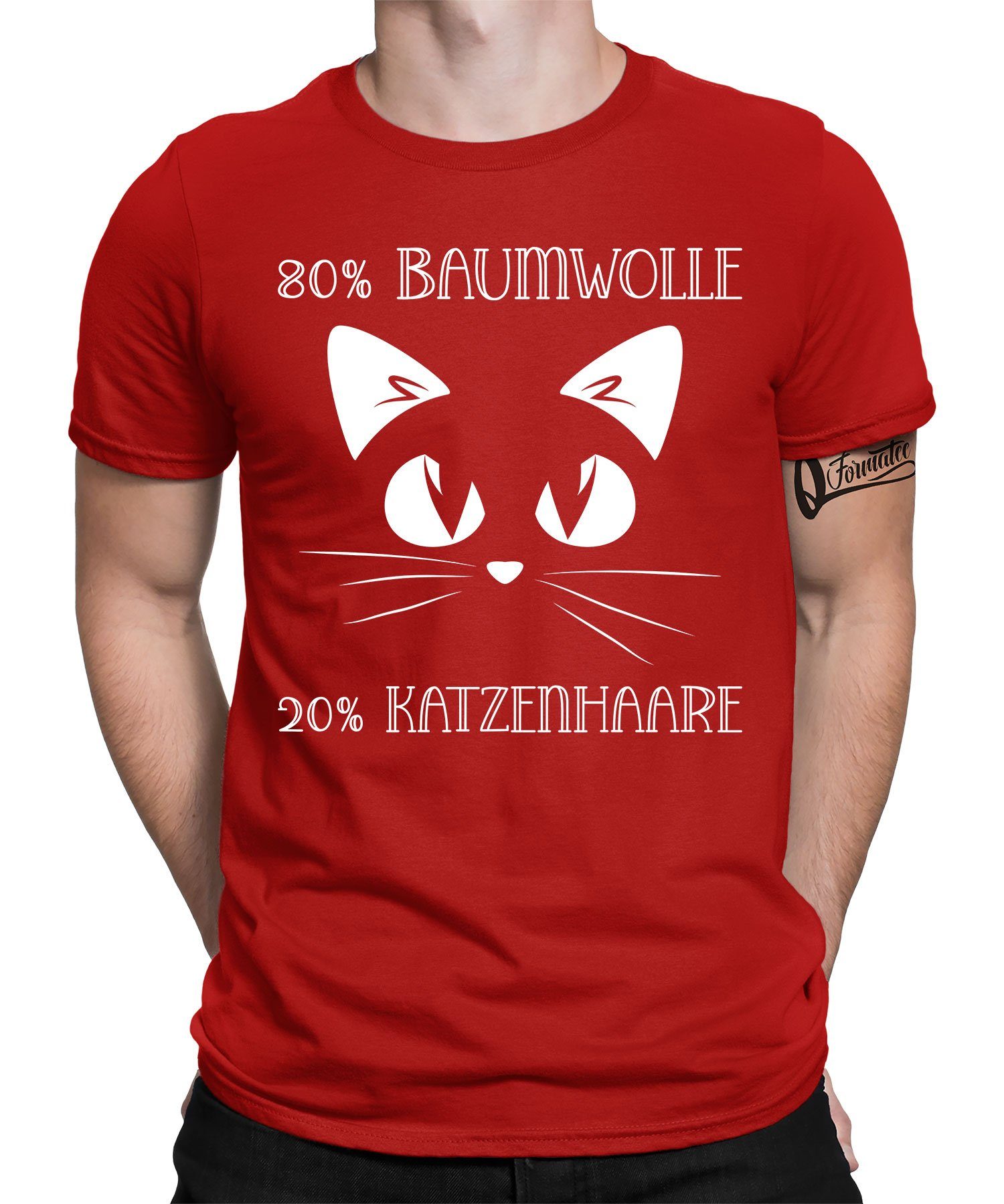 Quattro Formatee Kurzarmshirt 80% Baumwolle 20% Katzenhaare Katze Cat - Lustiger Spruch Statement (1-tlg) Rot