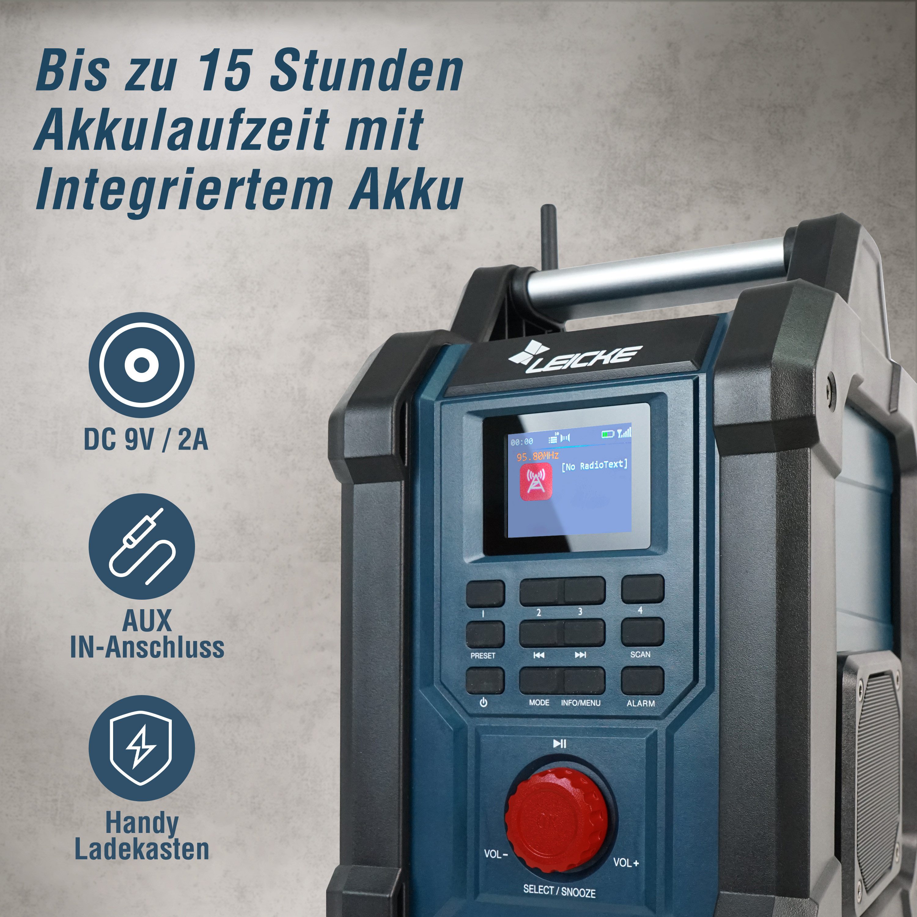 Leicke Baustellenradio DAB+, FM, BT, AUX, 4000mAh, 2×15W, LCD 2.4" Digitalradio (DAB) (Equalizer, Wecker, Schlaf-Timer, Beleuchtung, Inaktives Standby)