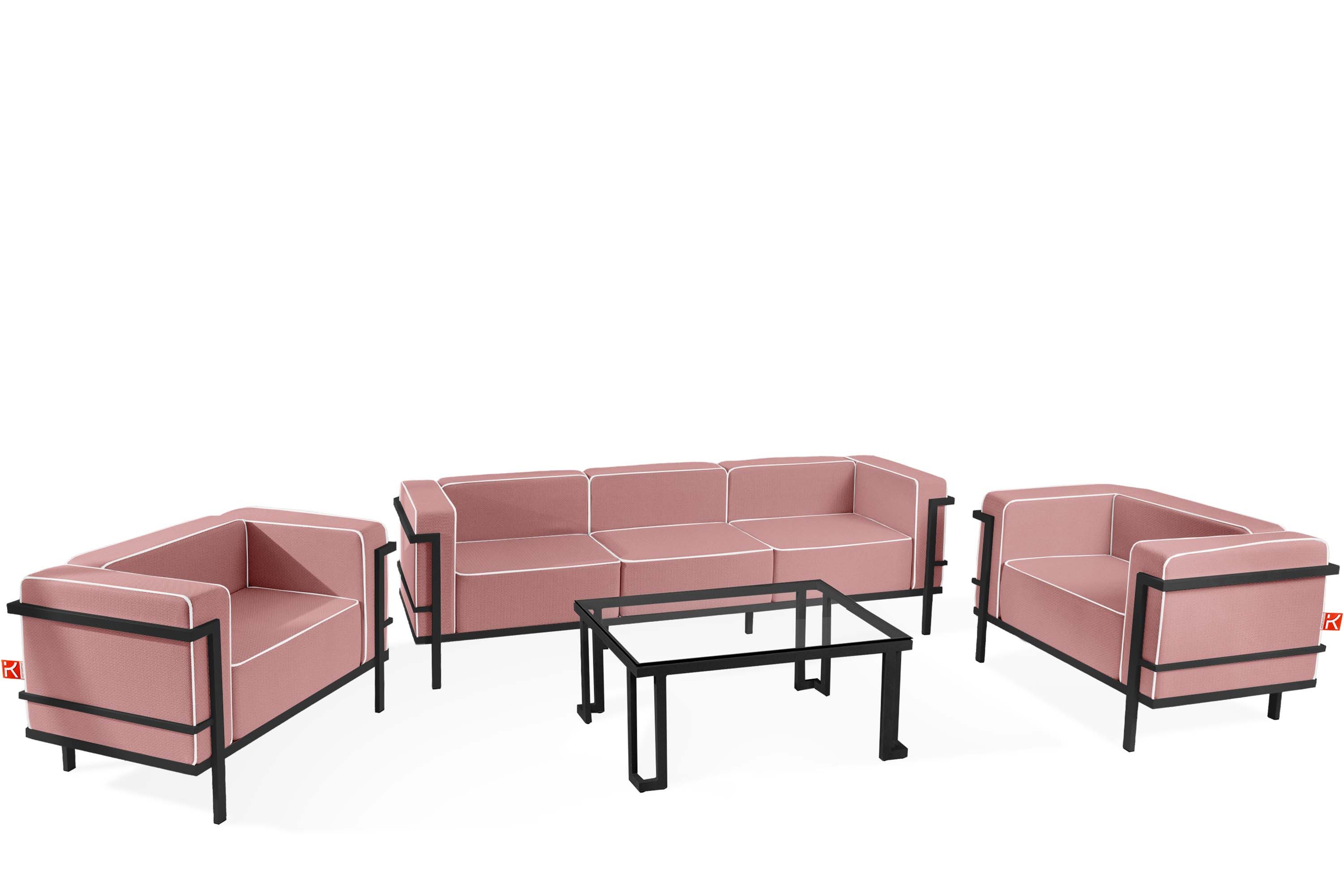 KONSIMO® Gartenlounge-Set TRIGLO Gartenmöbelset hergestellt in der EU, (1x Tisch, 2x Sessel, 1x Sofa 3-Sitzer, 4-tlg), Modern, handgefertigt, Stahlrahmen, mit Auflage