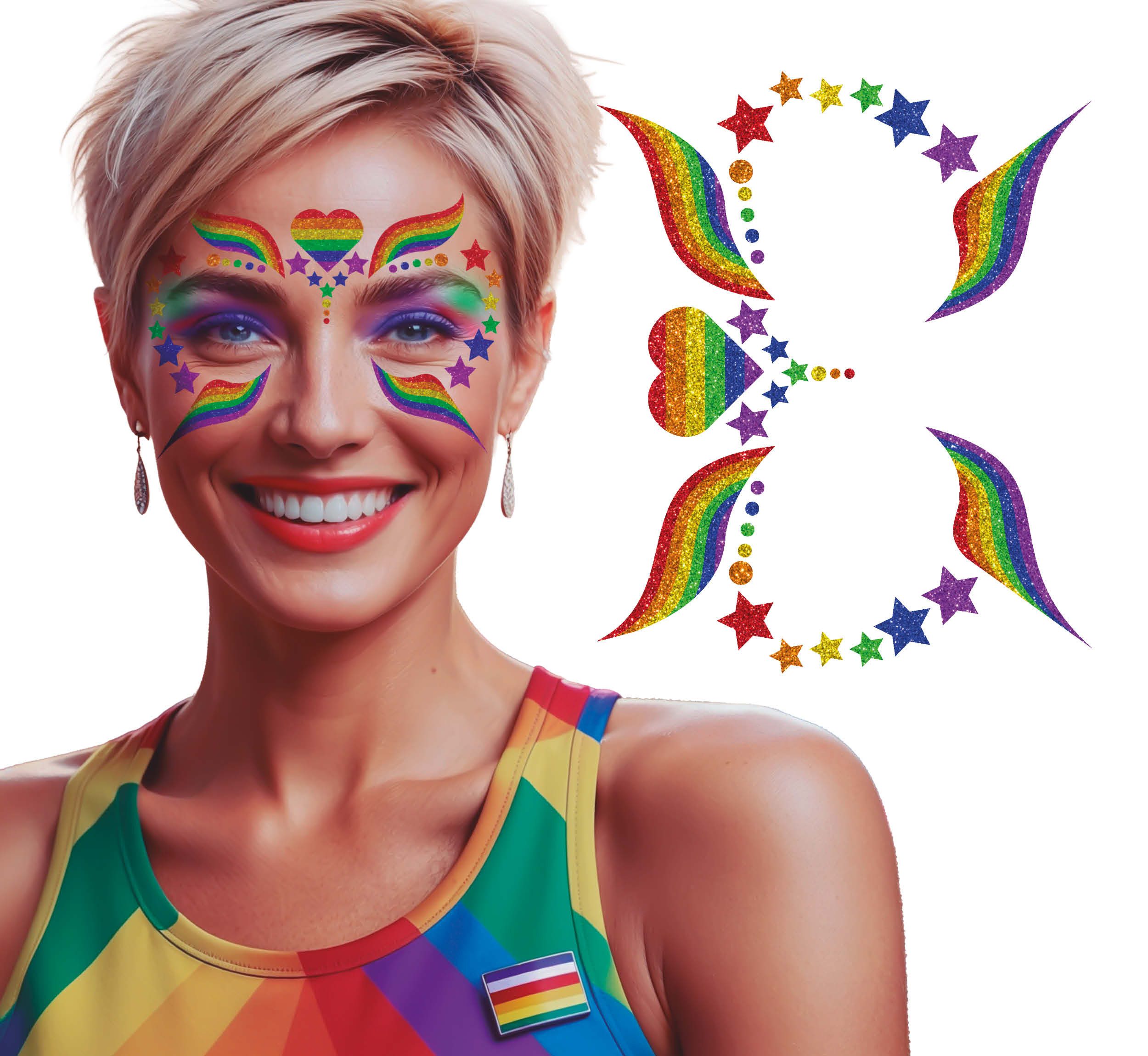 Fiestas Guirca Kostüm, Regenbogen Fantasie Gesicht Aufkleber Glitter Schmuck Tattoo Karneval