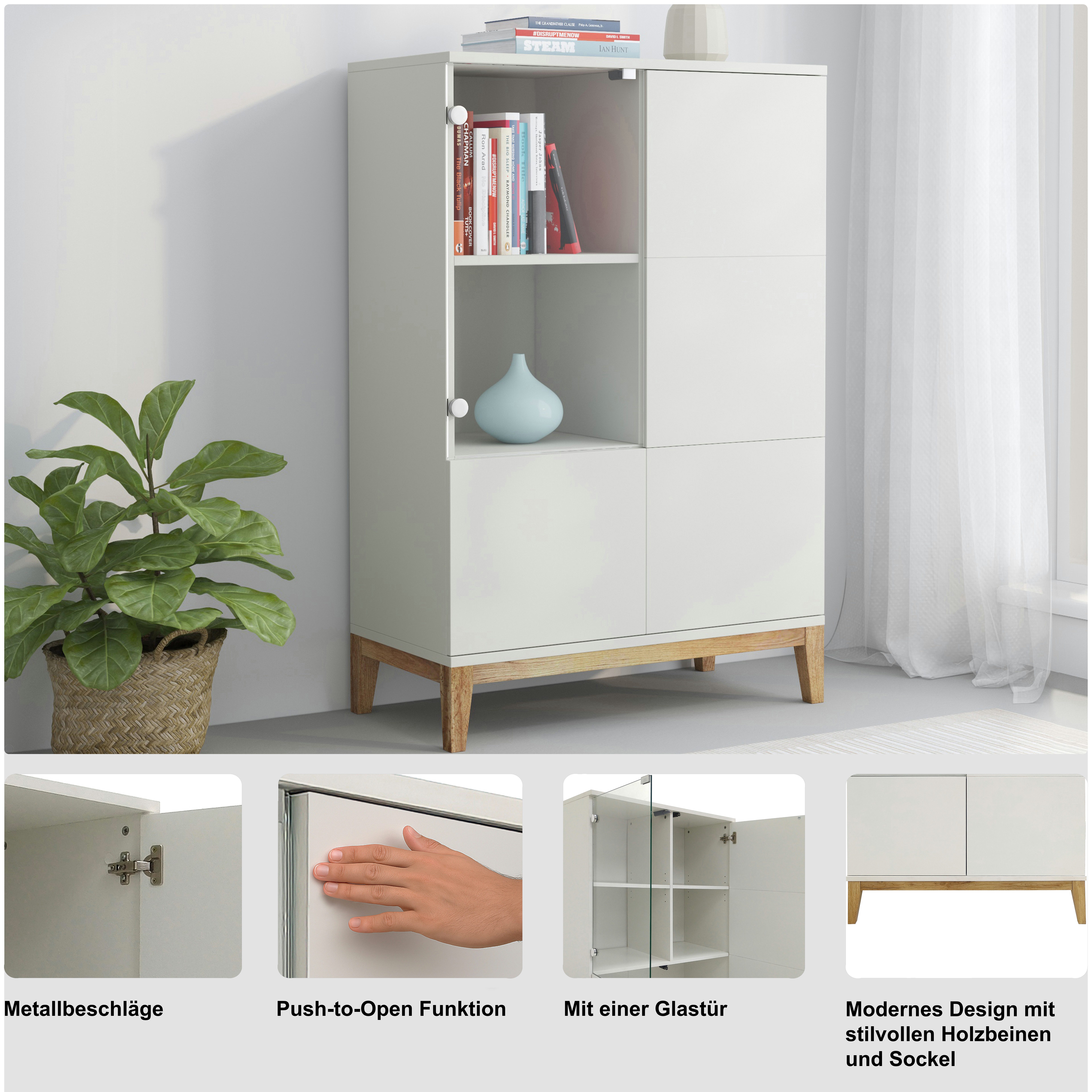OTTO home Highboard Maryd, Kommode, Midischrank, m. Glas- u. Holztüren, Einlegeböden, Breite 80cm
