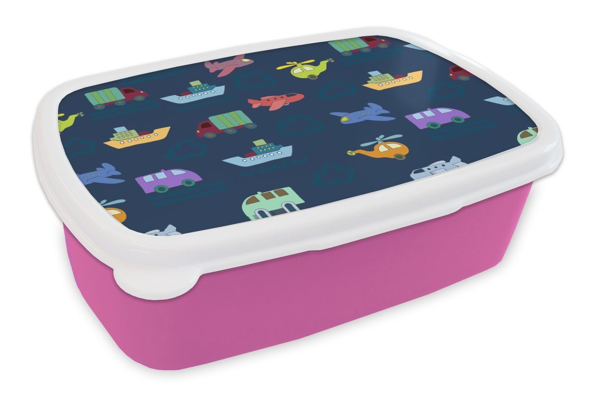 MuchoWow Lunchbox Muster - Flugzeug - Boot - Lastwagen - Junge - Kinder - Kinder, Kunststoff, (2-tlg), Brotbox für Erwachsene, Brotdose Kinder, Snackbox, Mädchen, Kunststoff rosa