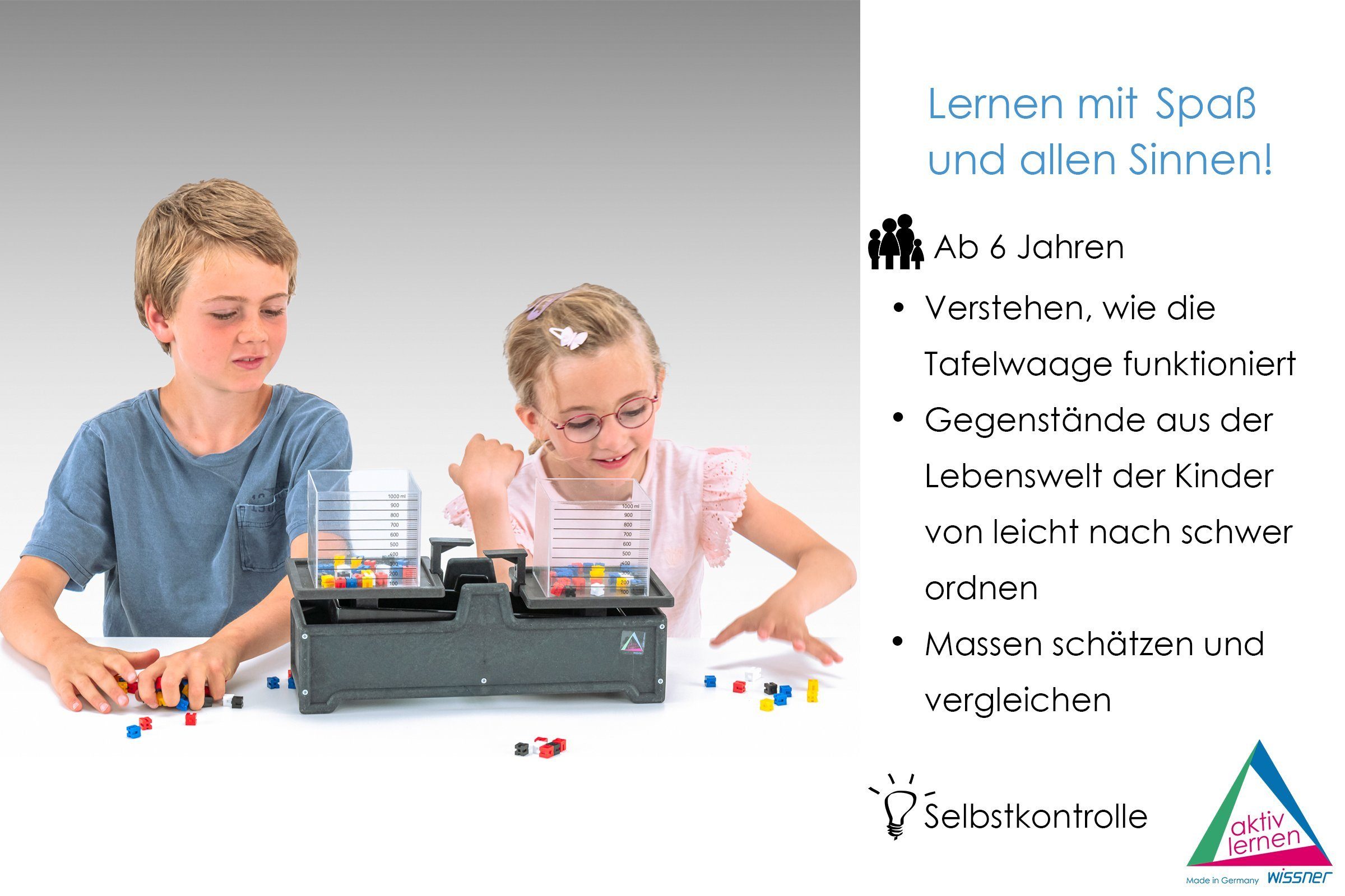 Wissner® aktiv lernen Lernspielzeug Tafelwaagensatz mit 2 Literboxen und Gewichtswürfel, Gewichte wiegen, RE-Wood®