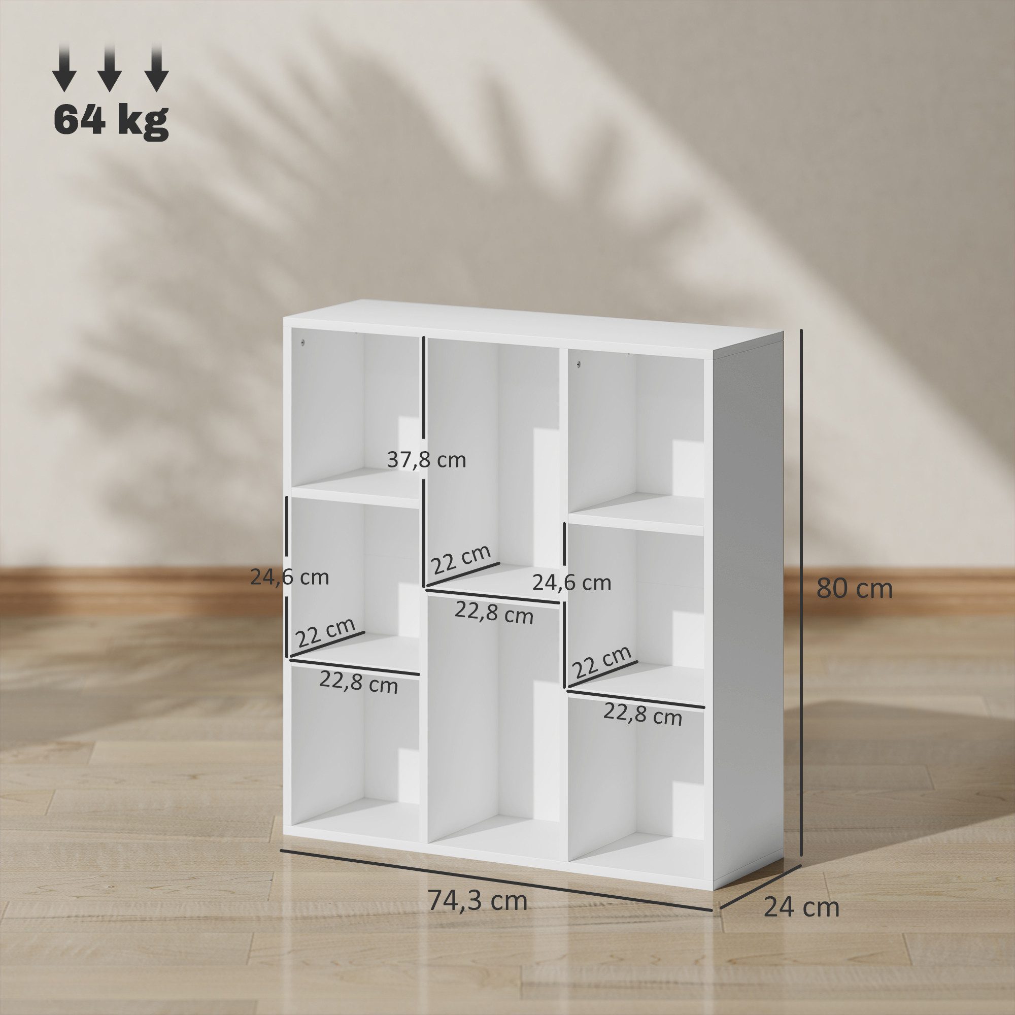 HOMCOM Bücherregal Standregal Würfelregal mit 8 Fächern Regal für Wohnzimmer Schlafzimmer, freistehendes Ausstellungsregal 1-tlg., 74,3 x 24 x 80 cm, Weiß – Bild 3 von 5