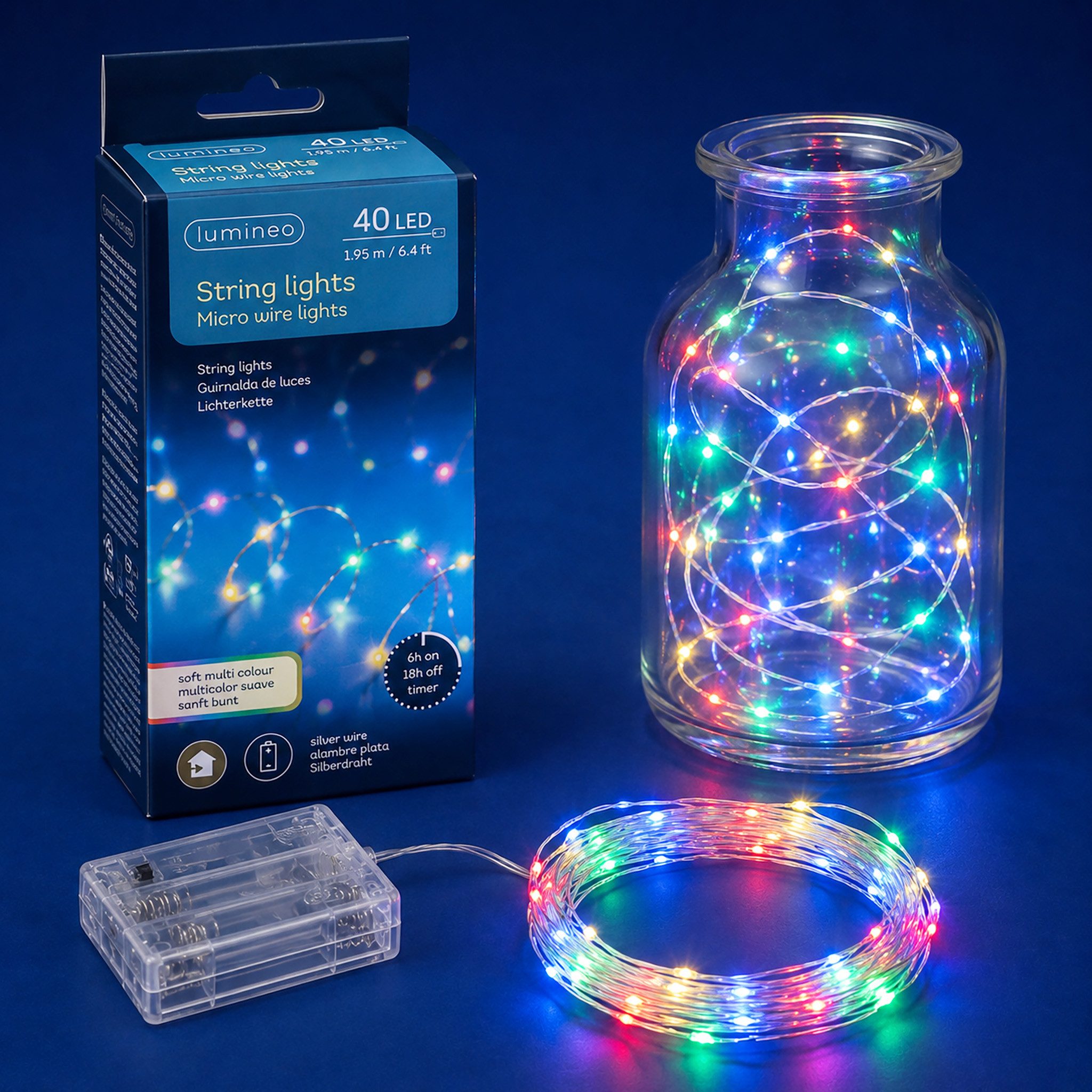 Lumineo LED-Lichterkette, LED Draht Lichterkette 1,95m Batterie 40 Micro-LEDs Soft Bunt