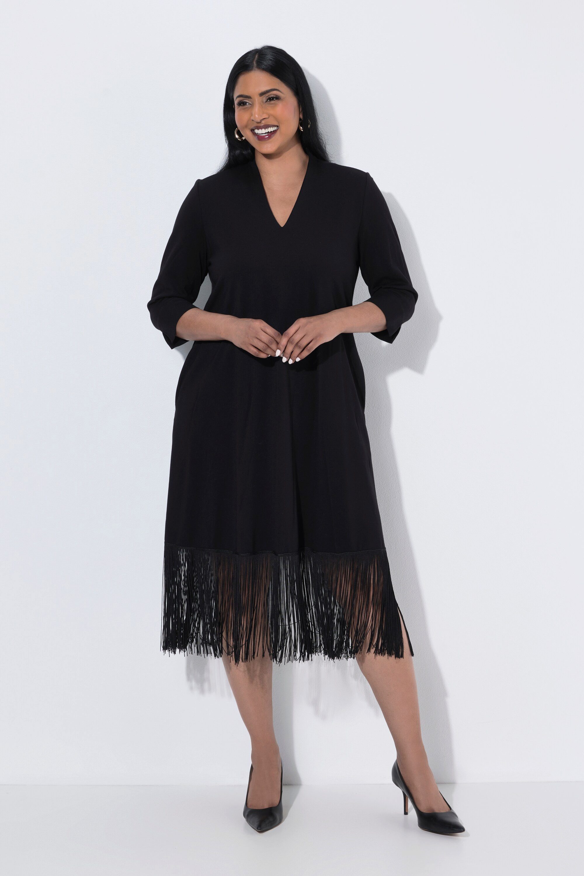 Ulla Popken Midikleid Midi-Puntokleid Kelchkragen 3/4-Arm