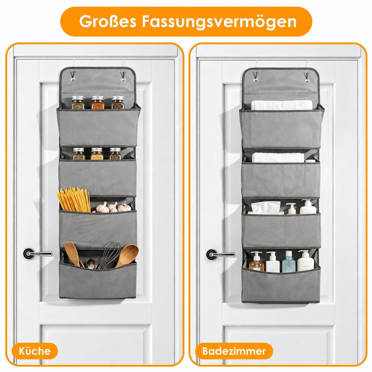 BlingBin Hängeaufbewahrung Hängeorganizer mit 4 Taschen, Platzsparendes Hängeregal (1er Set, 1 St., 1 x Hängeaufbewahrungstasche + 2 x Haken), Tür-Aufbewahrungs-Organizer, Faltbarer Kleiderschrank-Organizer, Grau