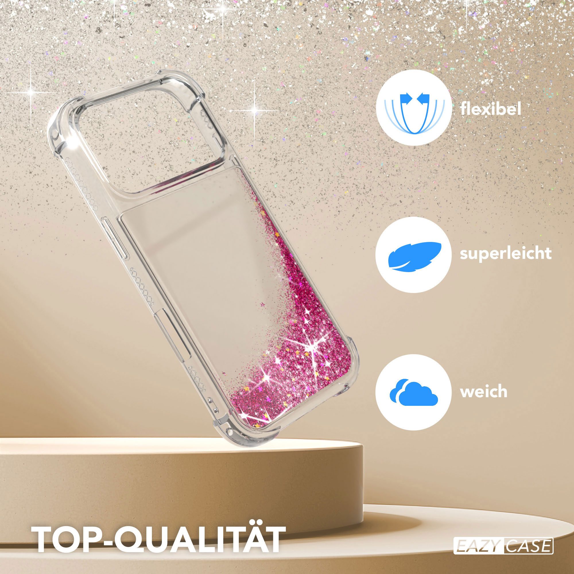 EAZY CASE Handyhülle Liquid Glittery Case für Apple iPhone 17 Pro 6,3 Zoll, Glitzerhülle Shiny Slimcover stoßfest Durchsichtig Bumper Case Pink