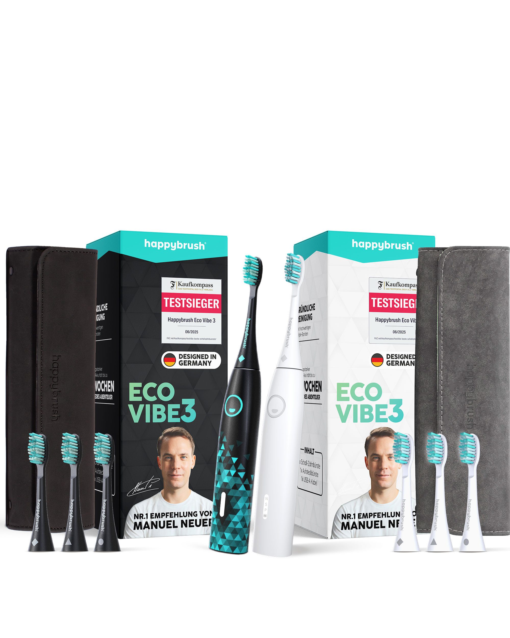 happybrush Schallzahnbürste Eco VIBE 3 Partnerset Black-Mint/AllWhite - 8 Wochen Power Akku, Aufsteckbürsten: 6 St., Eco Vibe 3