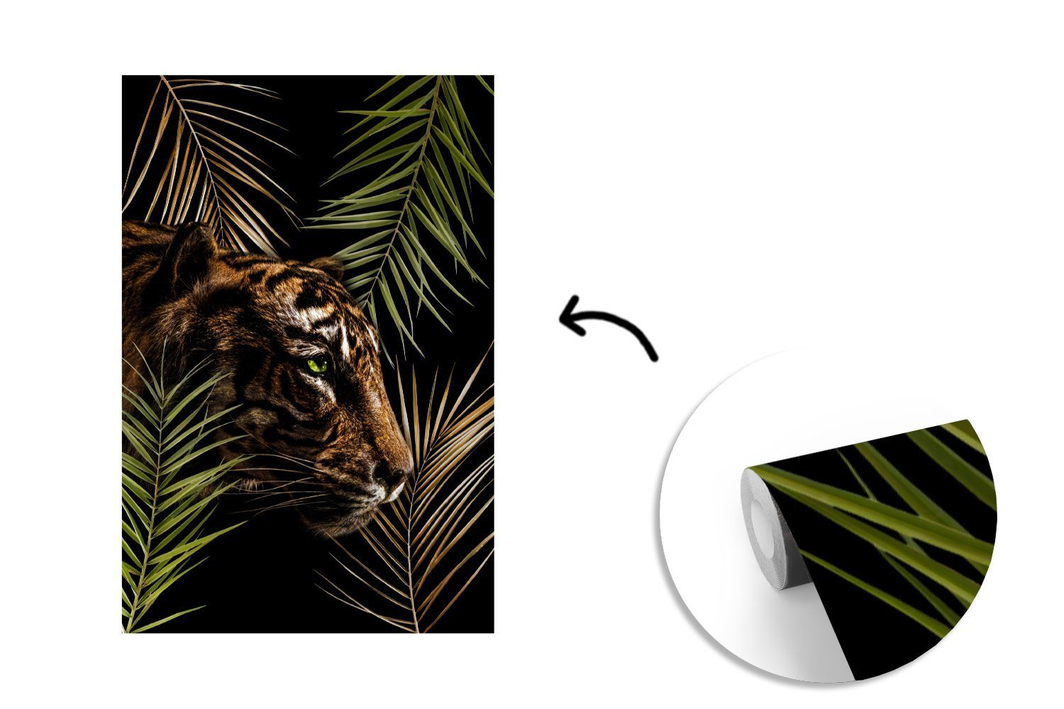 MuchoWow Fototapete Tiger - Pflanzen (3 St), Tapete - Wohnzimmer, Wandtapete Palme, Montagefertig für Vinyl Matt, bedruckt
