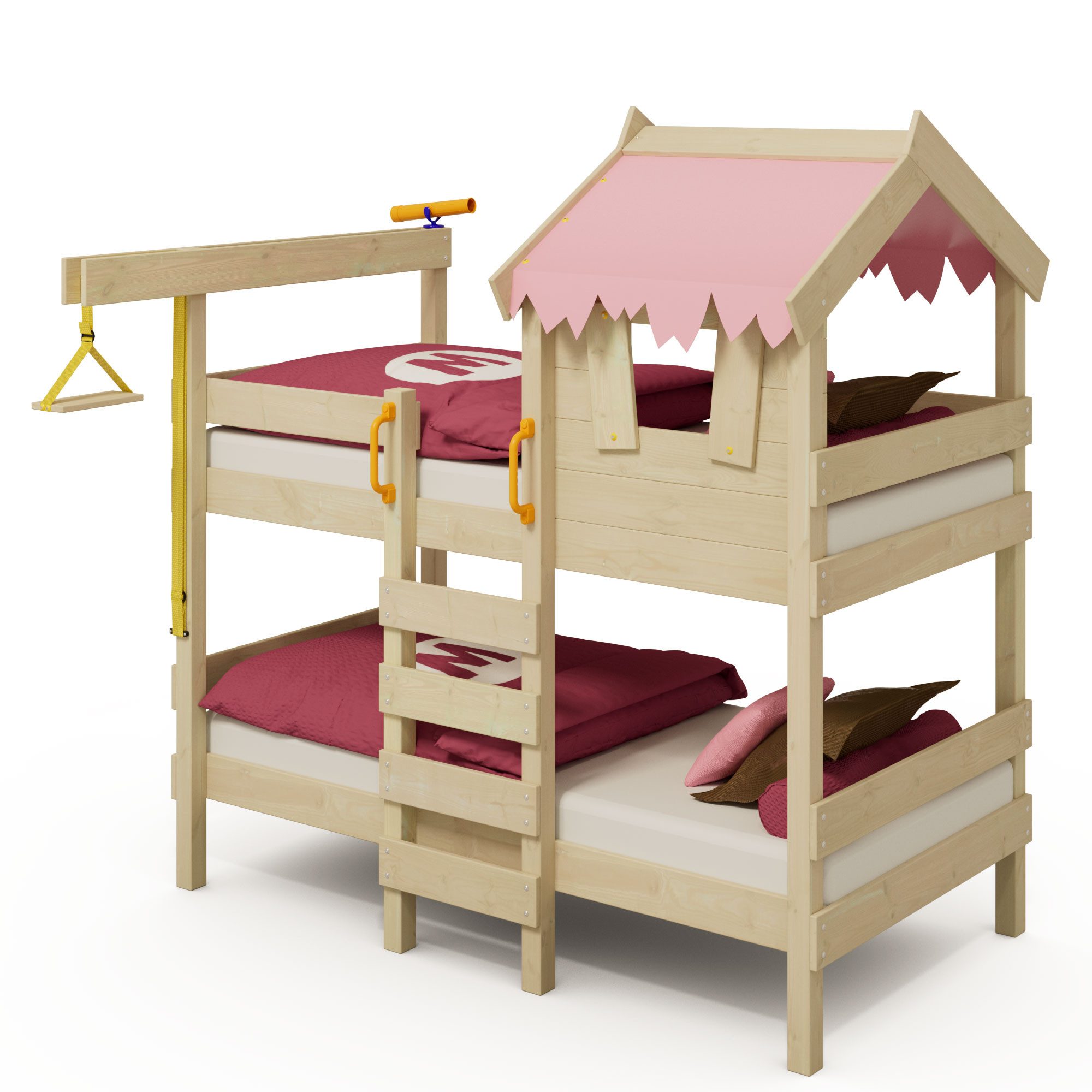 Wickey Kinderbett CrAzY Huggy 90x200 cm – Hochbett mit Rutsche aus Holz – Abenteuerbett (Etagenbett mit Kletterleiter für Kinder), Massivholz