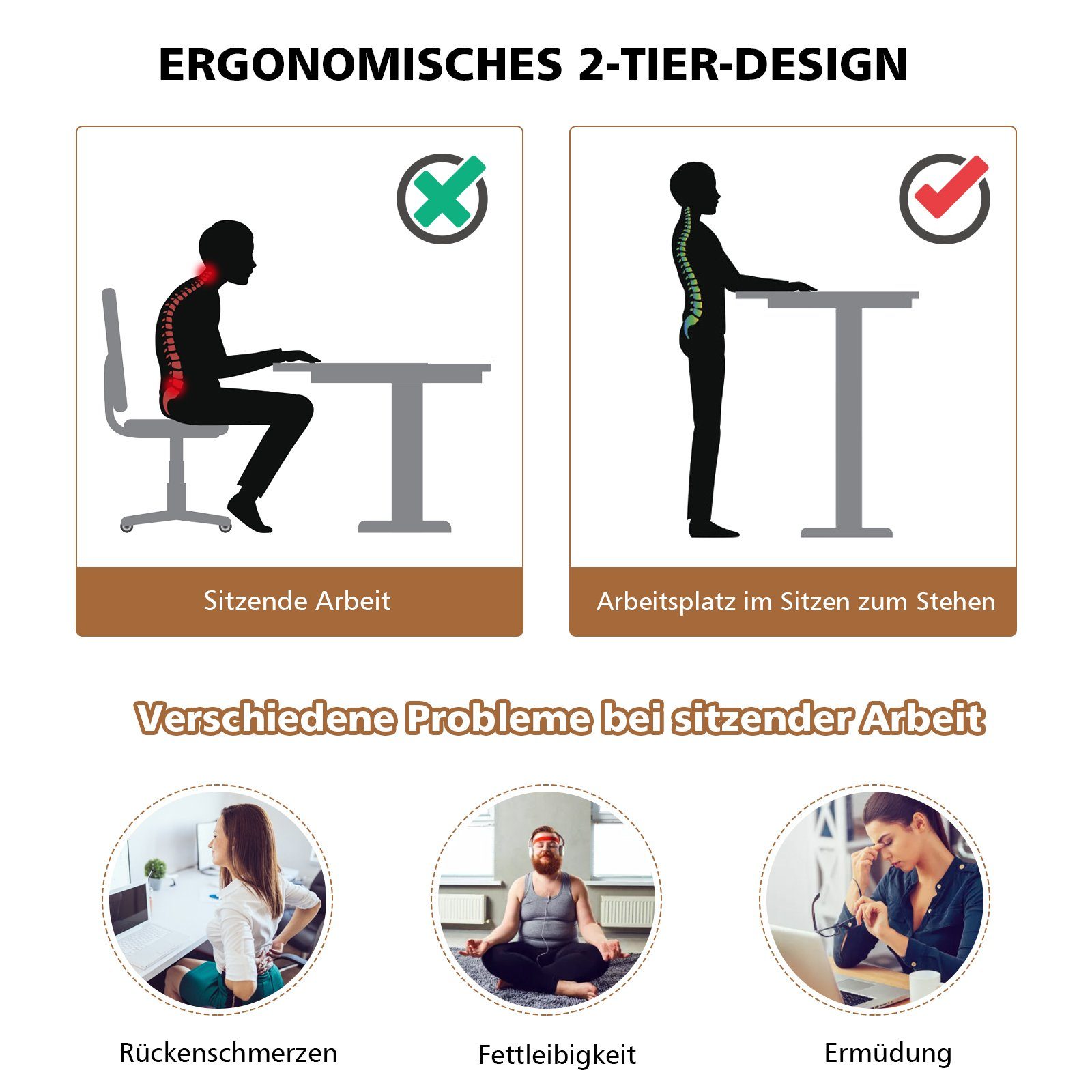 2-stufig, mit COSTWAY höhenverstellbar Computertisch, 72-124cm Natur Rollen,