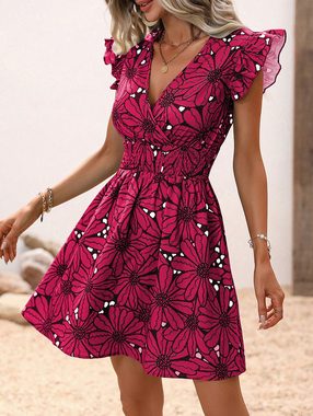 BlauWave Druckkleid V-Ausschnitt Taille Sexy Large Floral Ruffle Ärmelloses Kleid (Bequeme Passform, 1-tlg., Für den Alltag unterwegs) Kleid mit Schmetterlingsärmeln und Blumenmuster