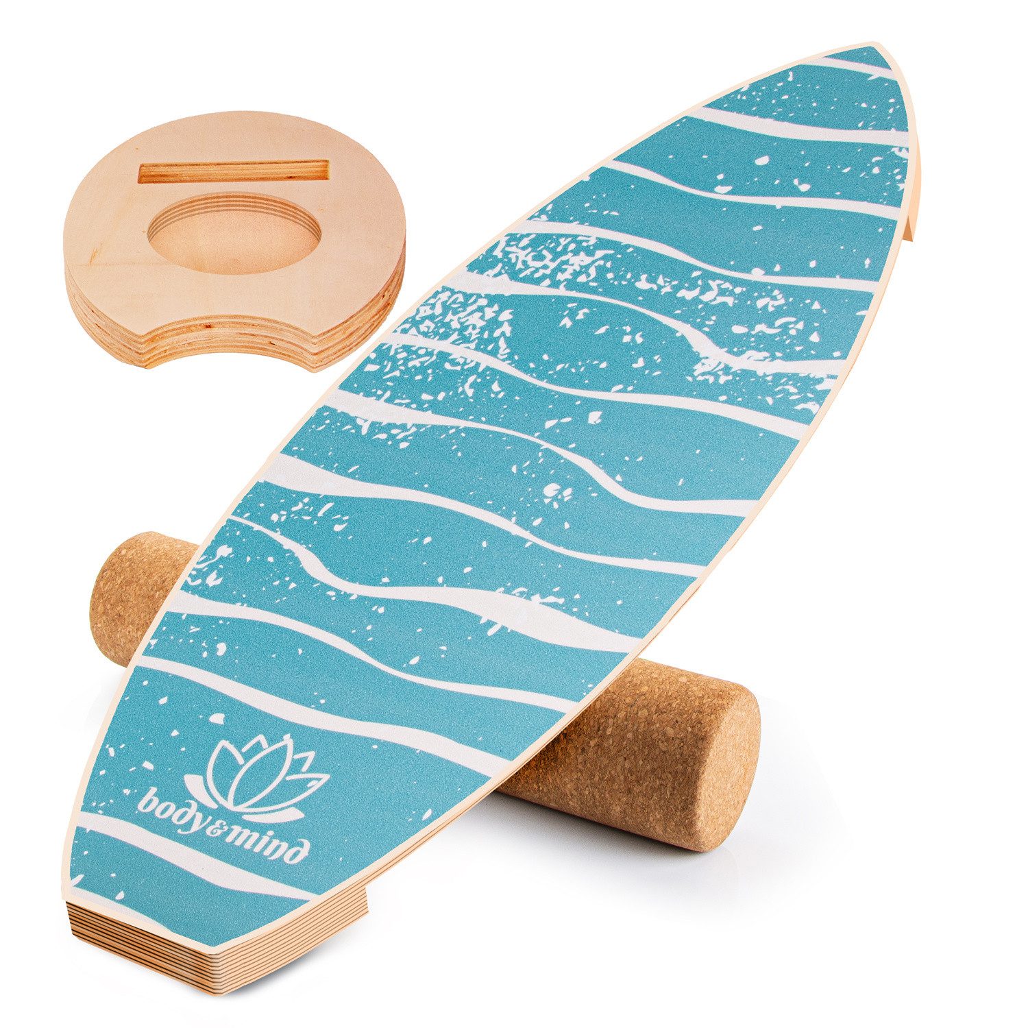 Body & Mind Balanceboard Surf Balance Board – Holz Wackelbrett mit Korkrolle + Ständer & E‑Book, Trainiert Gleichgewicht & Koordination
