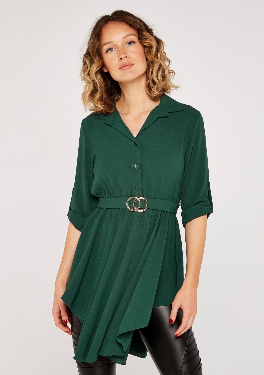 Shirt mit Shirtkleid Bindegürtel) mit Circle Hem grün Hanky Belt Taillengürtel Apricot (1-tlg., Dress
