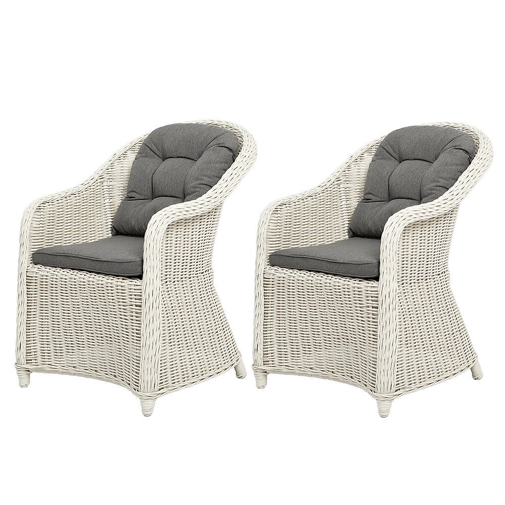 LebensWohnArt Gartenstuhl 2er Set Sessel BELLA rundes Polyrattan Eierschalenweiß Gartenstuhl