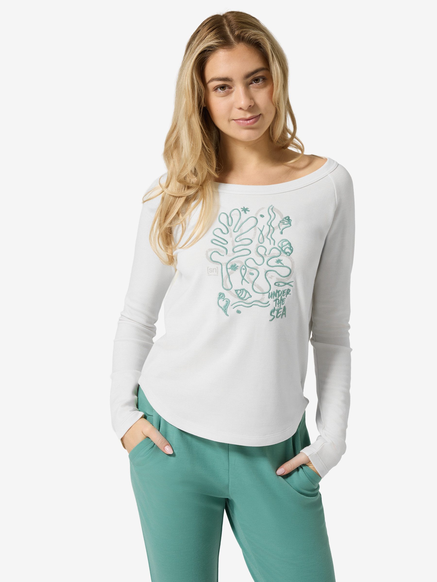 SUPER.NATURAL Sweatshirt für Damen,Merino W UNDER THE SEA CREW mit Sommer-Motiv, atmungsaktiv