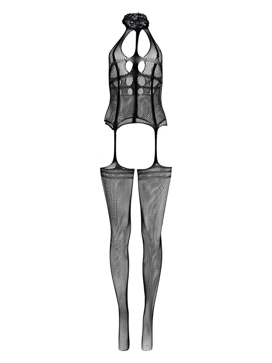 Elegant Love Bodystocking-Ouvert Sexy Catsuit – Netz-Dessous mit Cut-Outs an Brust und Schritt Sinnliche Reizwäsche – Schwarzer Strumpfbody für Damen