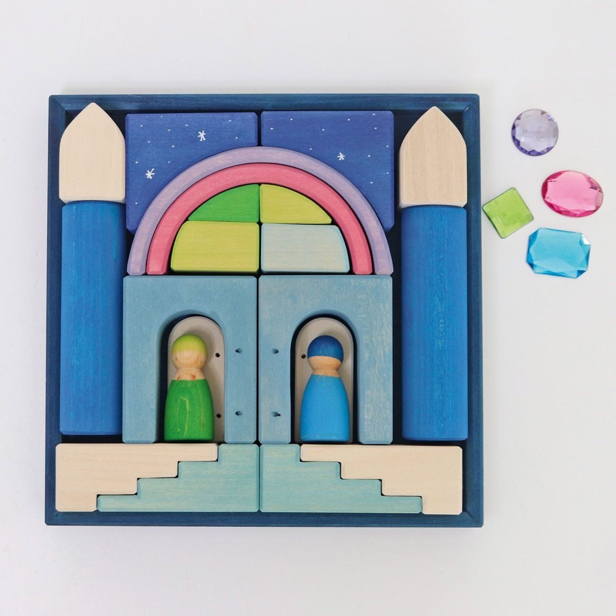 GRIMM´S Spiel und Holz Design Bauwelt Polarlicht mit 22 bunten Holzbausteine und 4 Edelsteinen Spielbausteine