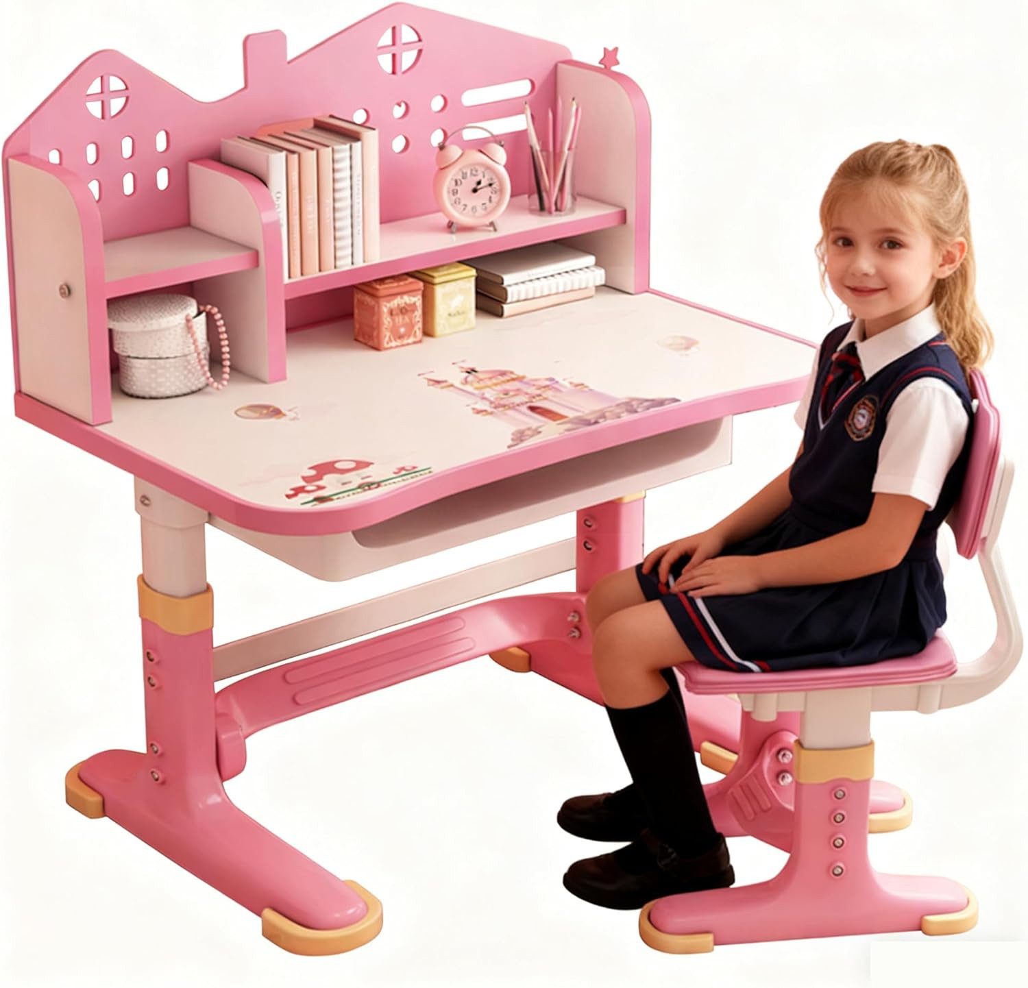 Rutaqian Kinderschreibtisch Kinderschreibtischstuhl mit Bücherständer,Höheverstellbar 65 und 71cm (Schreibtisch Mädchen ab 6 jahren, 1-St., ergonomischer Kids Schreibtisch und Stuhlset für Kinder), mit Stuhl & Schublade,Kinder Schüler Schreibtisch für Jungs & Mädchen
