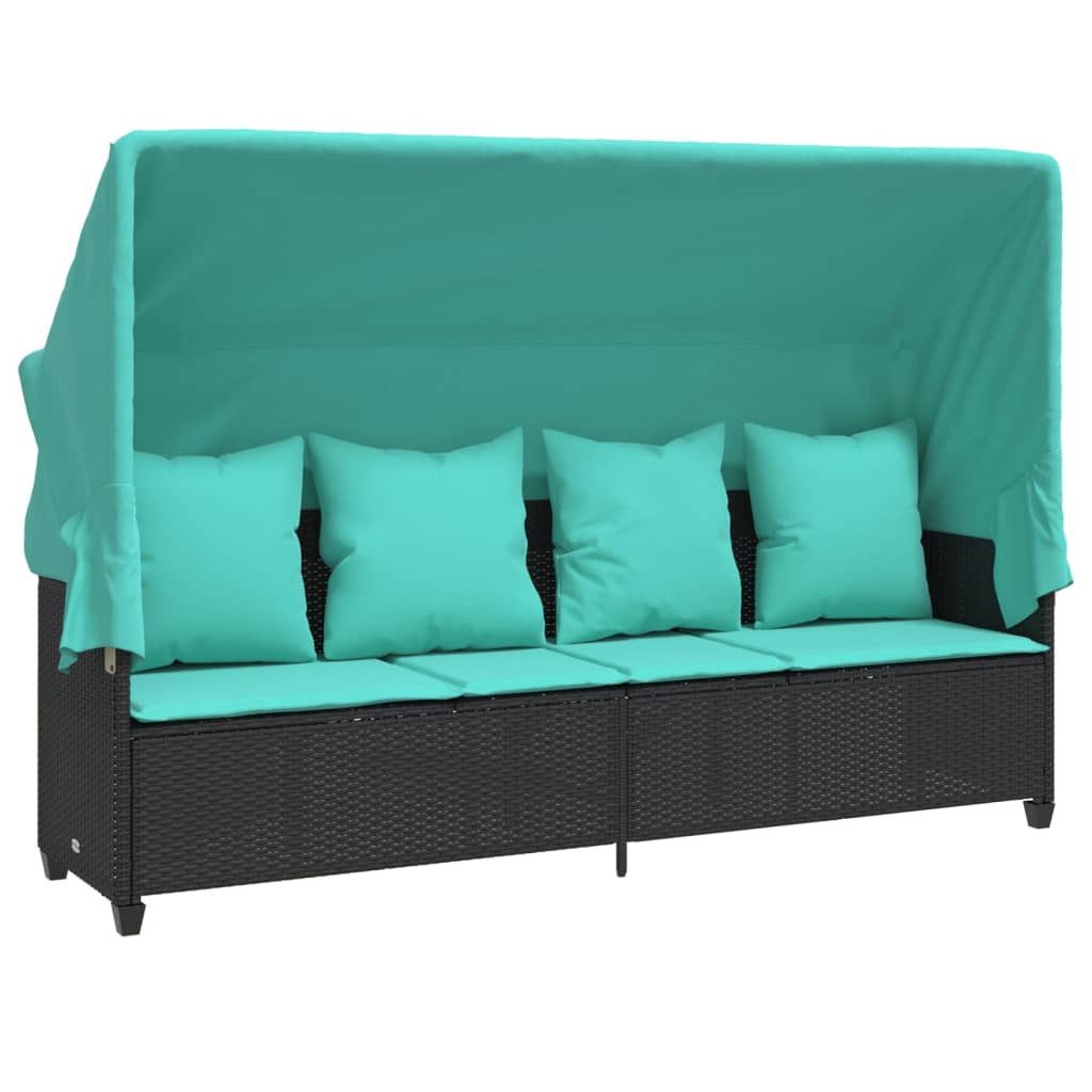 Gartenliege Sonnenliege mit Dach und Kissen Schwarz Poly Rattan