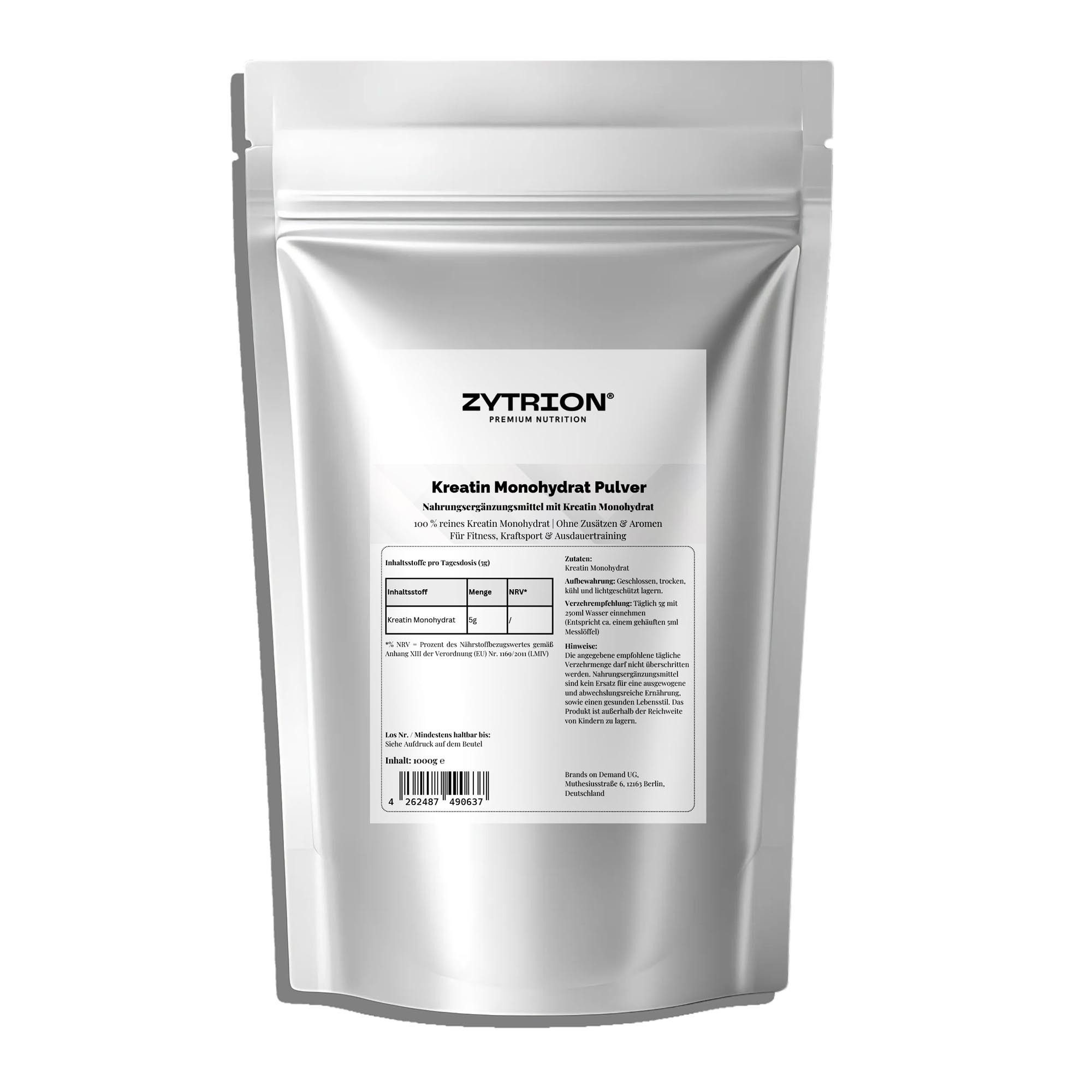 ZYTRION Kreatin Monohydrat 1000 g – 100 % rein, ohne Zusätze Pulver, 1000 g, Praktisch wiederverschließebarer Doypack