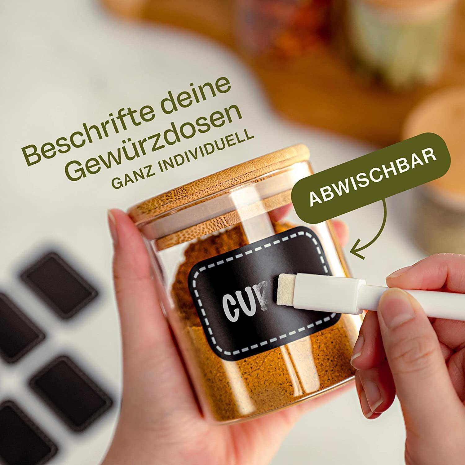 Praknu Vorratsglas Gewürzbehälter 8er Set 250ml mit Etiketten und Stift zum Beschriften, Glas, (Set, 8-tlg., 8 Glasbehälter mit Holzdeckel, 8 Gewürzaufkleber, 1 – Bild 4 von 5