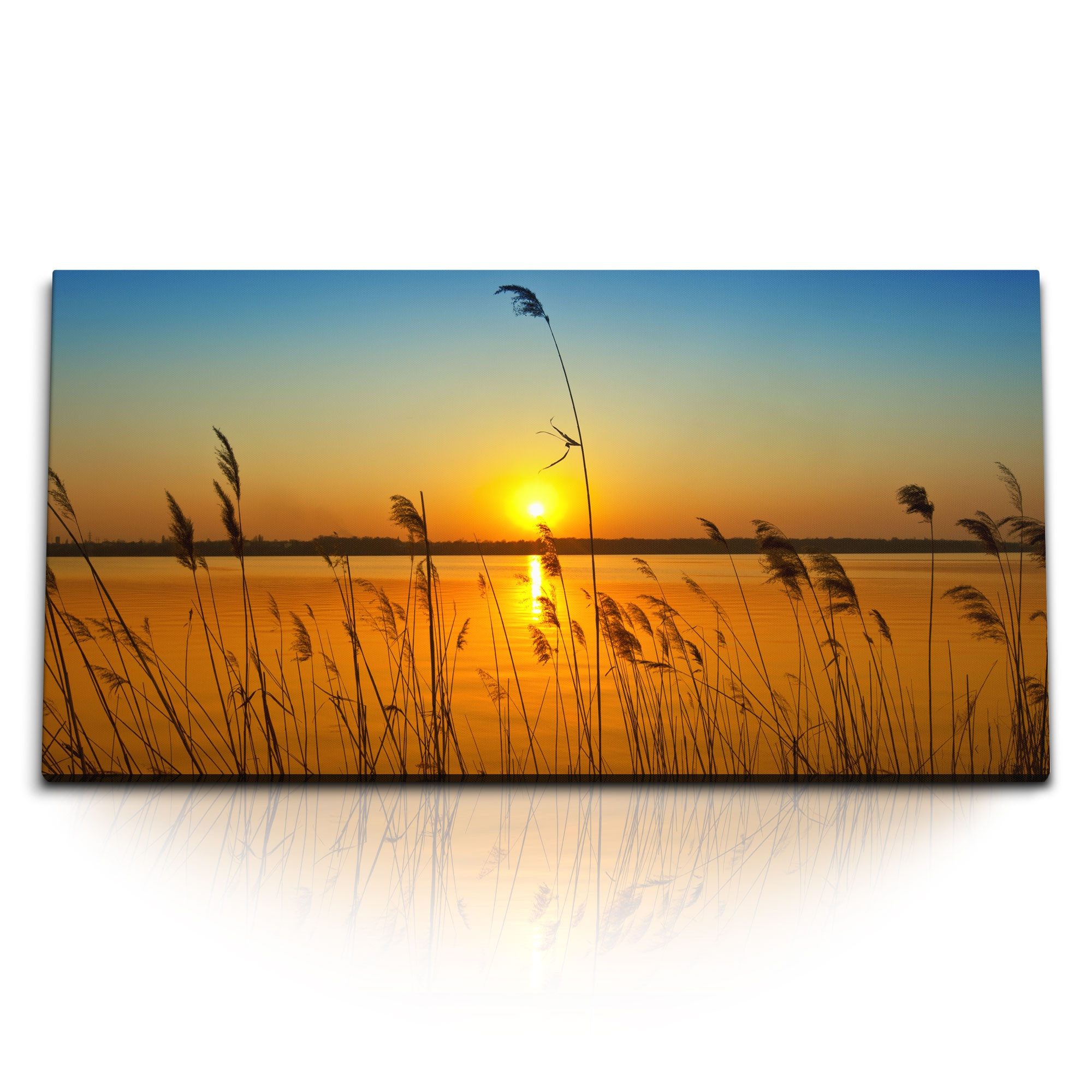 Leinwandbild Kunstdruck Bilder 120x60cm Sonnenuntergang See Abendröte Natur Halme