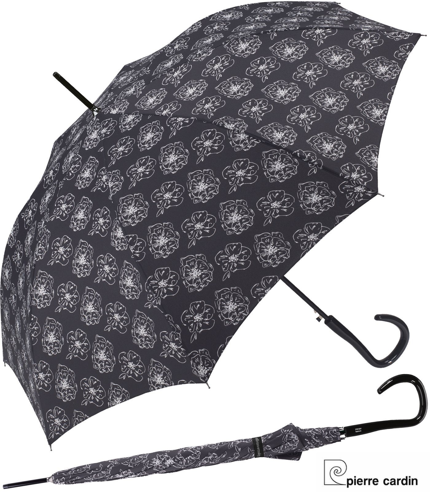 Pierre Cardin Stockregenschirm mit Auf-Automatik Black & White Flower, elegant und stilvoll