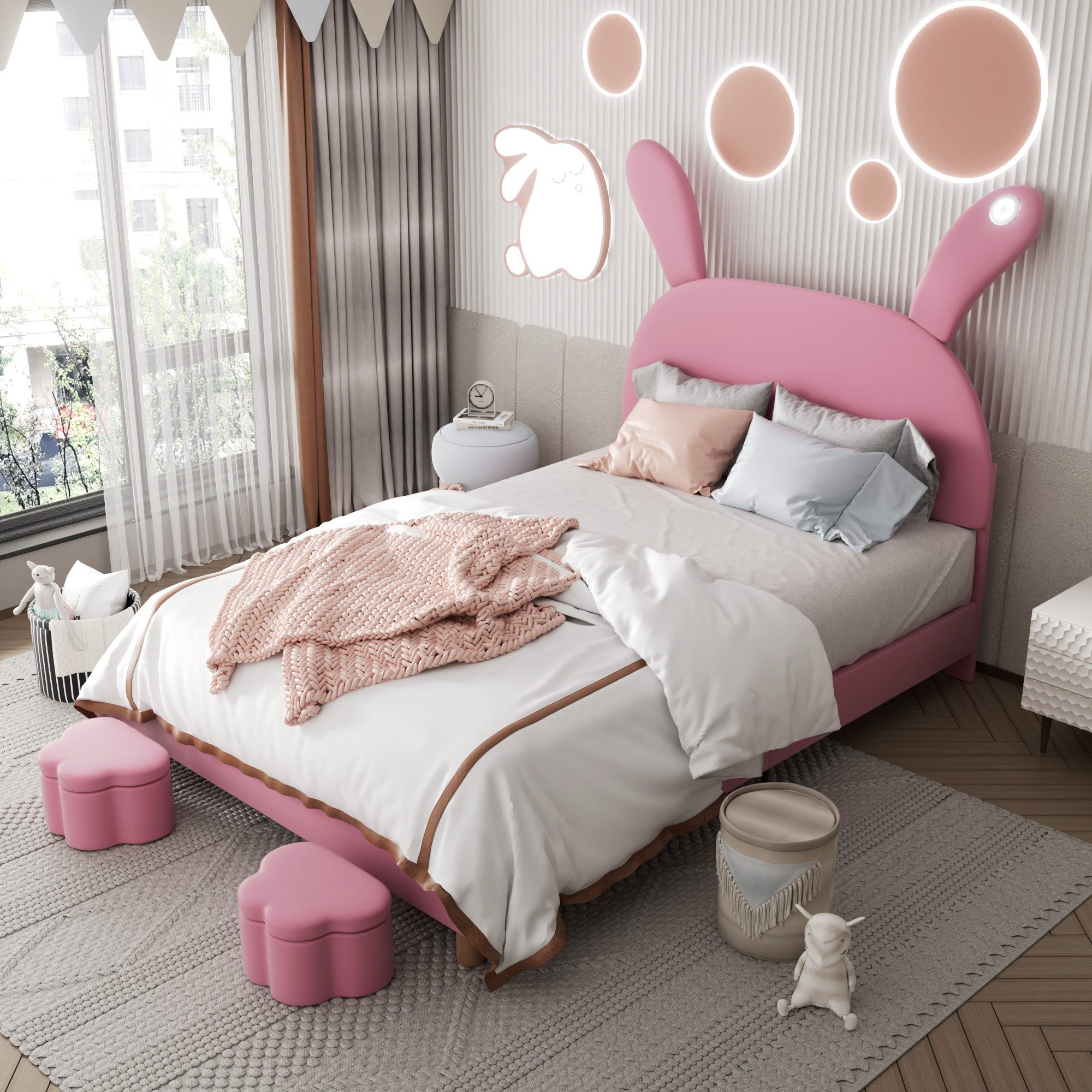 Flieks Polsterbett, LED Kinderbett 140x200cm mit ausklappbaren Hasenohren+ günstig online kaufen