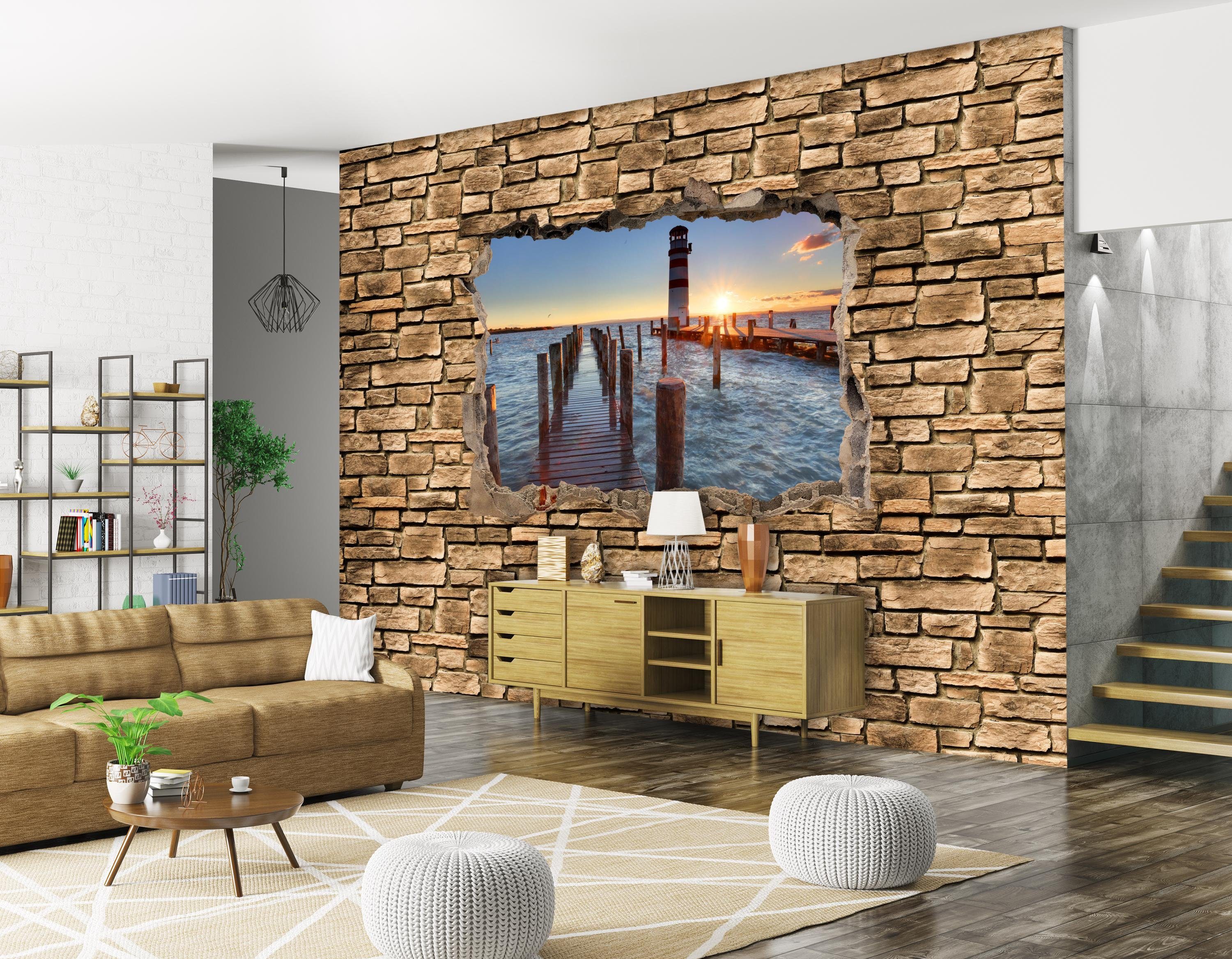 Leuchtturm Steinmauer, glatt, - Pier Fototapete 3D Motivtapete, matt, mit Vliestapete wandmotiv24 Wandtapete,