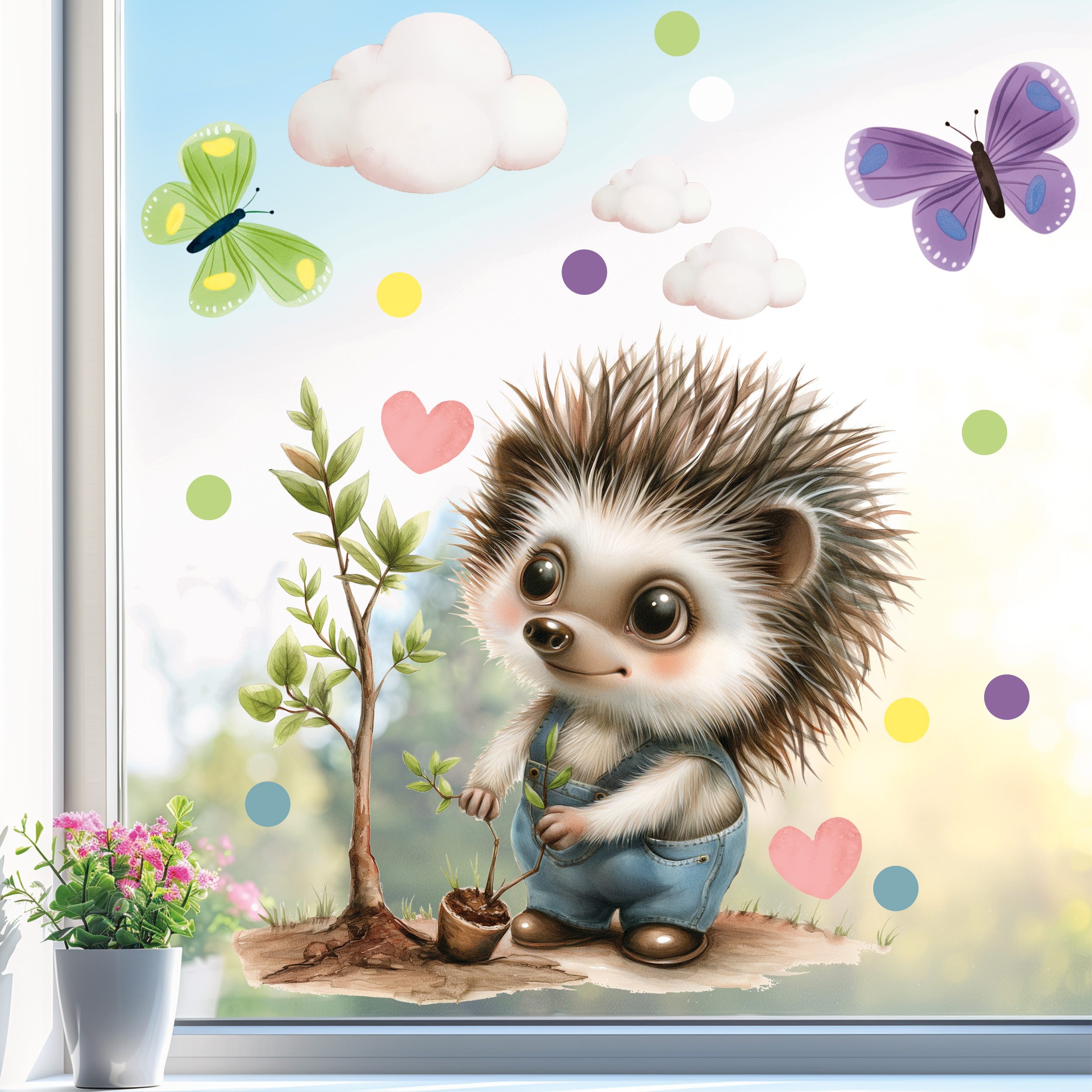 Sunnywall Fensterdekoration wiederverwendbares Fensterbild Igel Gärtner günstig online kaufen