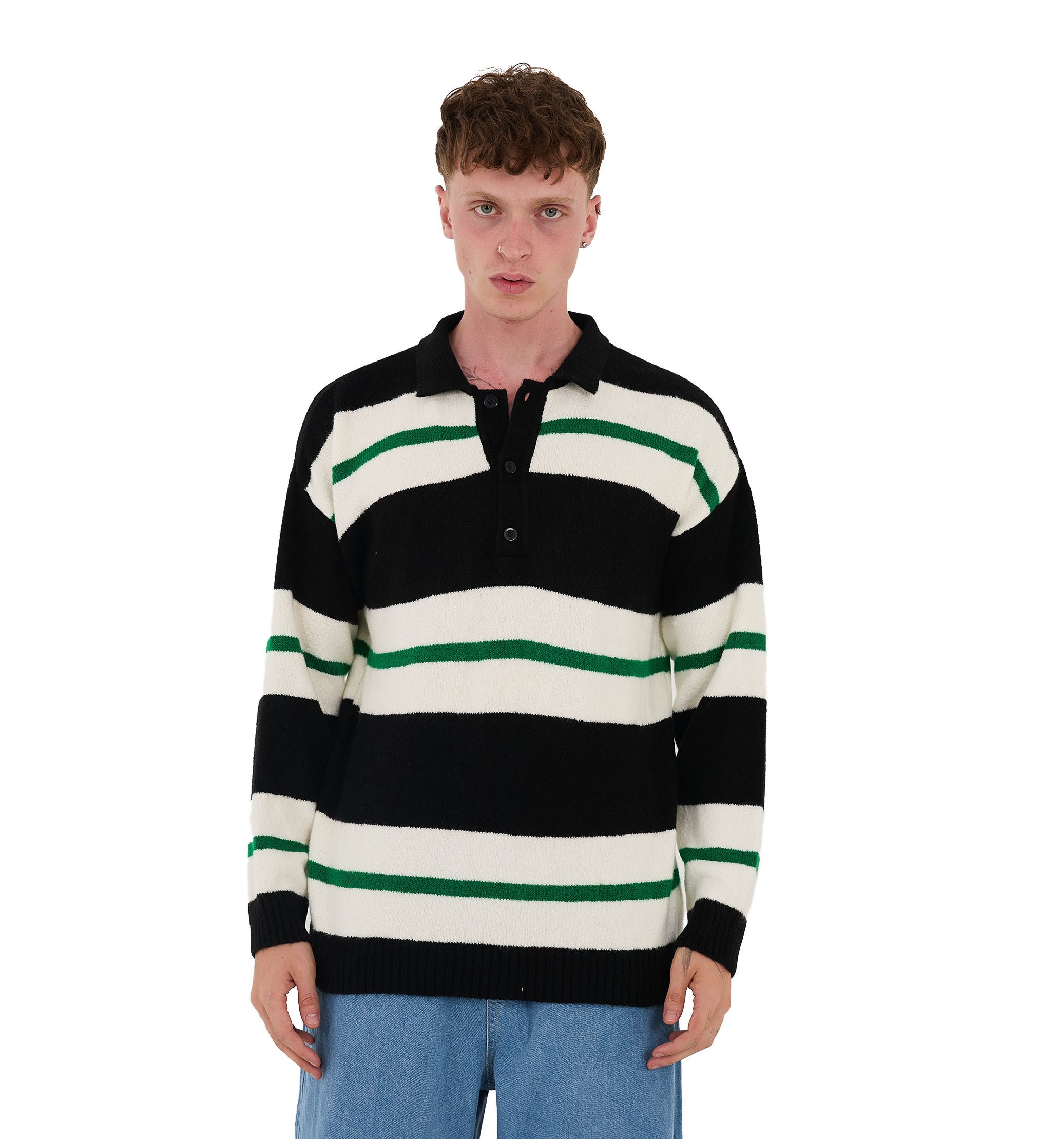 Strickpullover Herren Strick Polokragen Pullover in Loose Fit Schwarz M