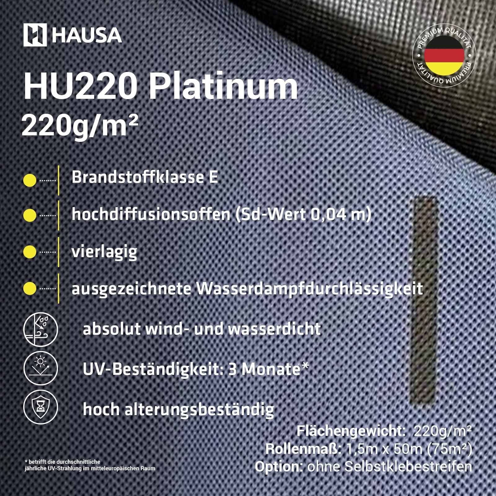 Hausa Dachbahn Unterspannbahn Platinum HU220, Ohne Selbstklebestreifen, 75 m² pro Paket, (220g/m², 1-St., 1,5m x 50m), flexible dreilagige hochdiffusionsoffene Unterdeckbahn