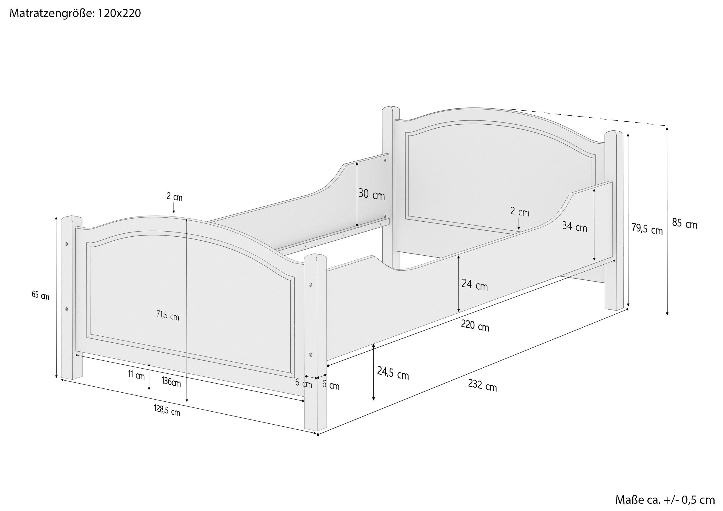 Federholzrahmen, ERST-HOLZ Kiefer Einzelbett Kieferfarblos lackiert Einzelbett Überlanges mit 120x220