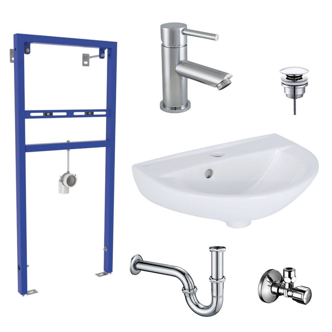 Belvit Waschbecken BV-WB9001-SET (komplett_set, 1-St), Belvit Waschbecken Komplettset 45cm Keramik Rosmarin mit Armatur