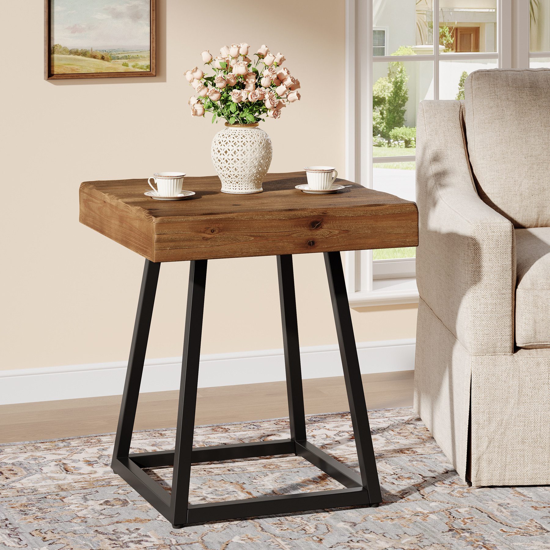 Tribesigns Beistelltisch Couchtisch Massivholz 50 cm, Quadratischer Industrie-Sofatisch