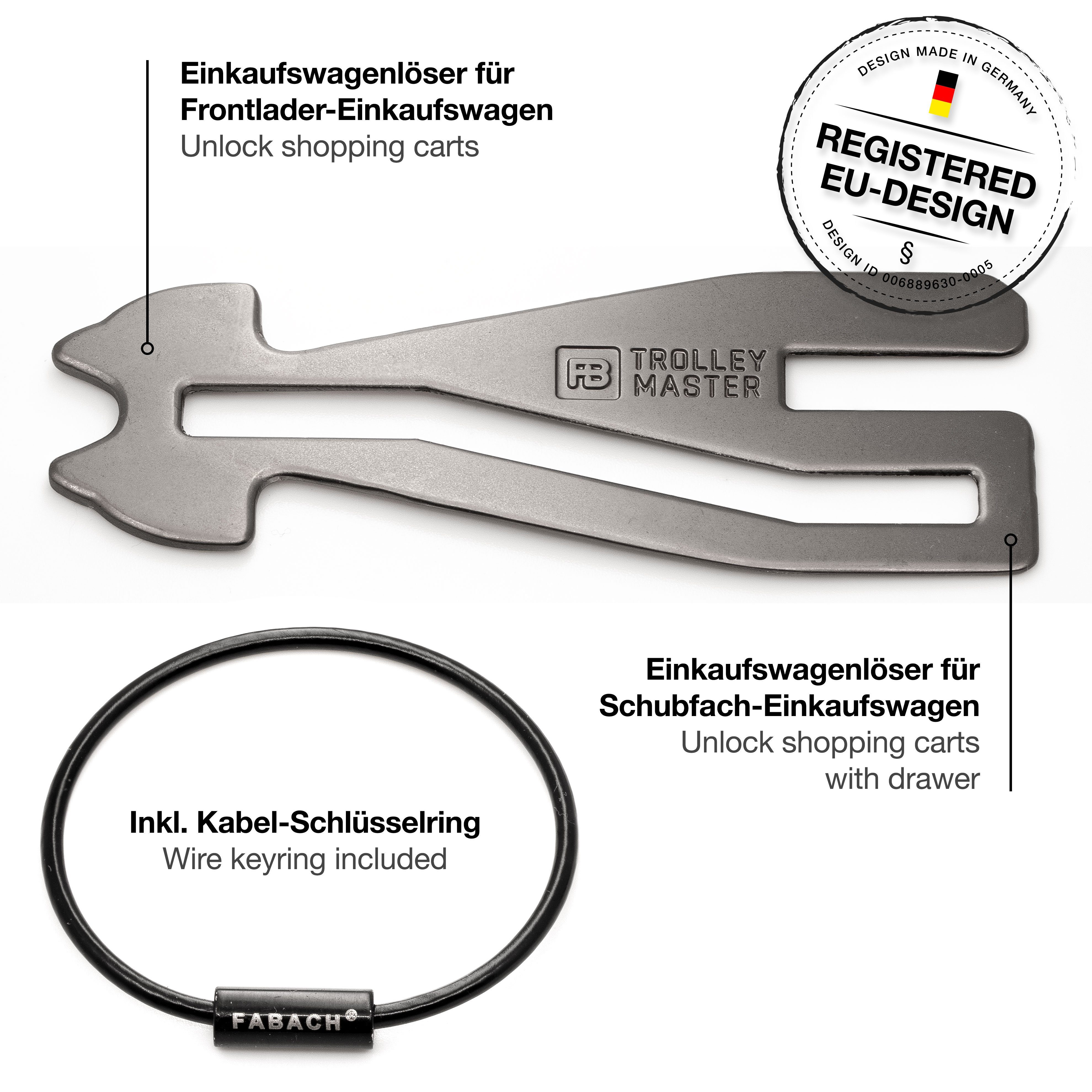 Master (1-tlg) Einkaufswagenlöser Schlüsselanhänger - Einkaufswagen öffnet Trolley FABACH Schwarz ALLE