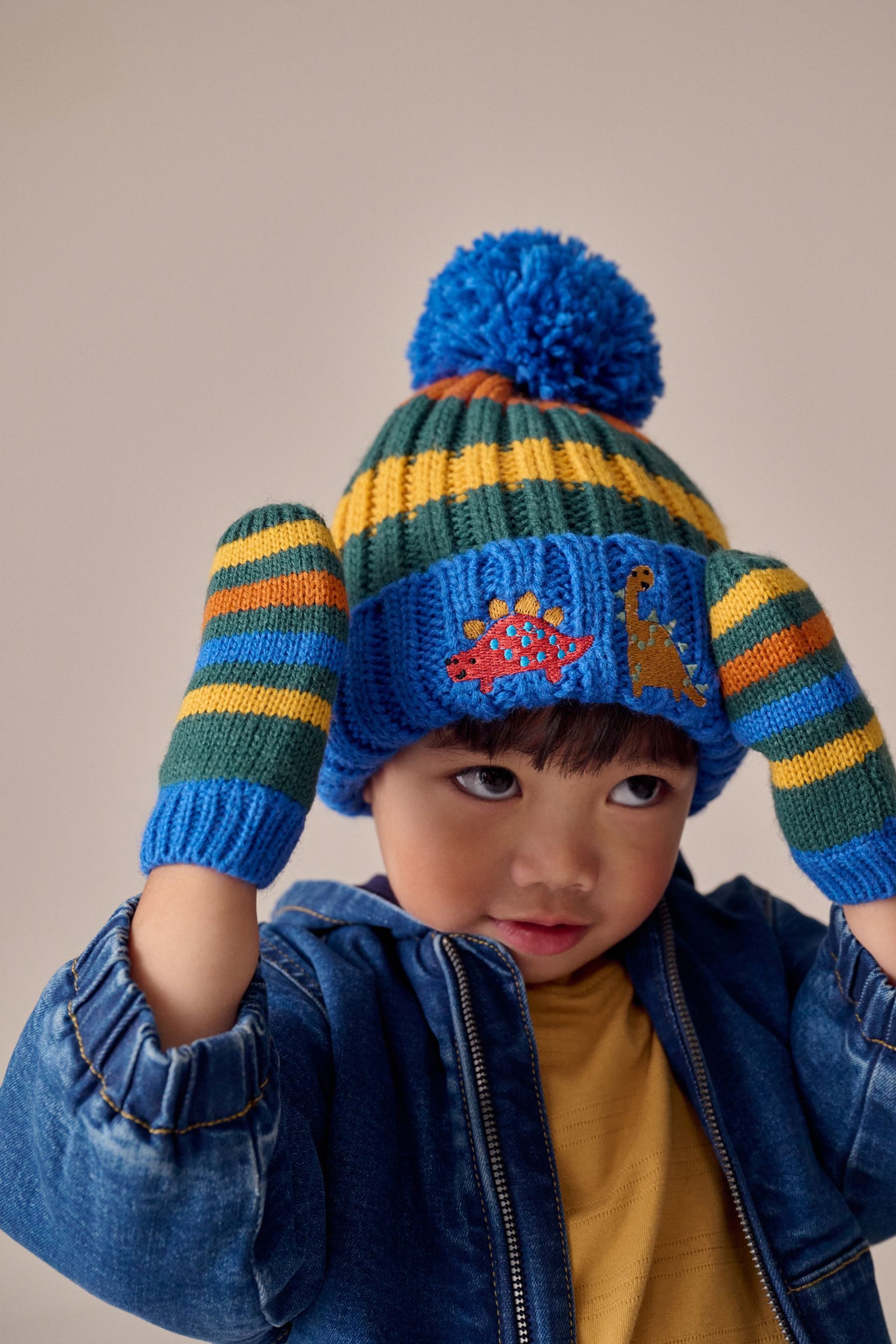 Beanie Bestickte Pudelmütze und Fäustlinge im 2er Set